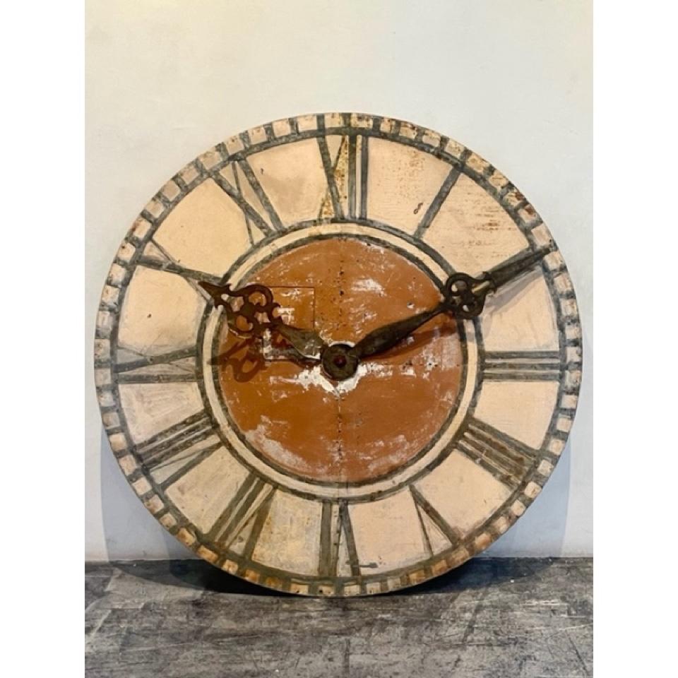 Antique Clock Face in Terra cotta and pale orange with black accents. This piece has patina and character and would look good inside or outside. 

Item #: AC-0151

Dimensions: circa - 51”Diameter.