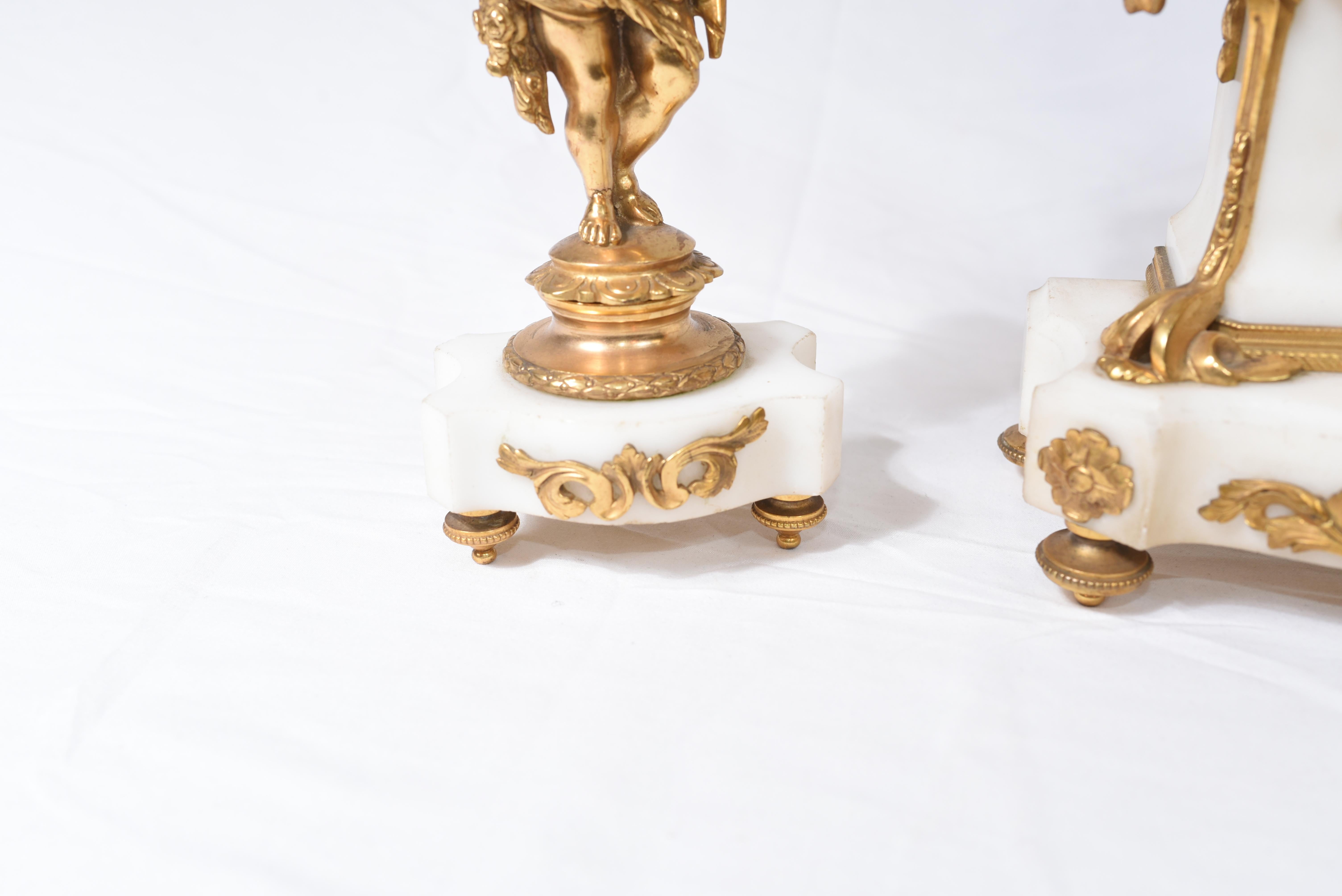 Antique Clock Set French Garniture Gilt and Marble Cherubs In Good Condition In Potters Bar, GB