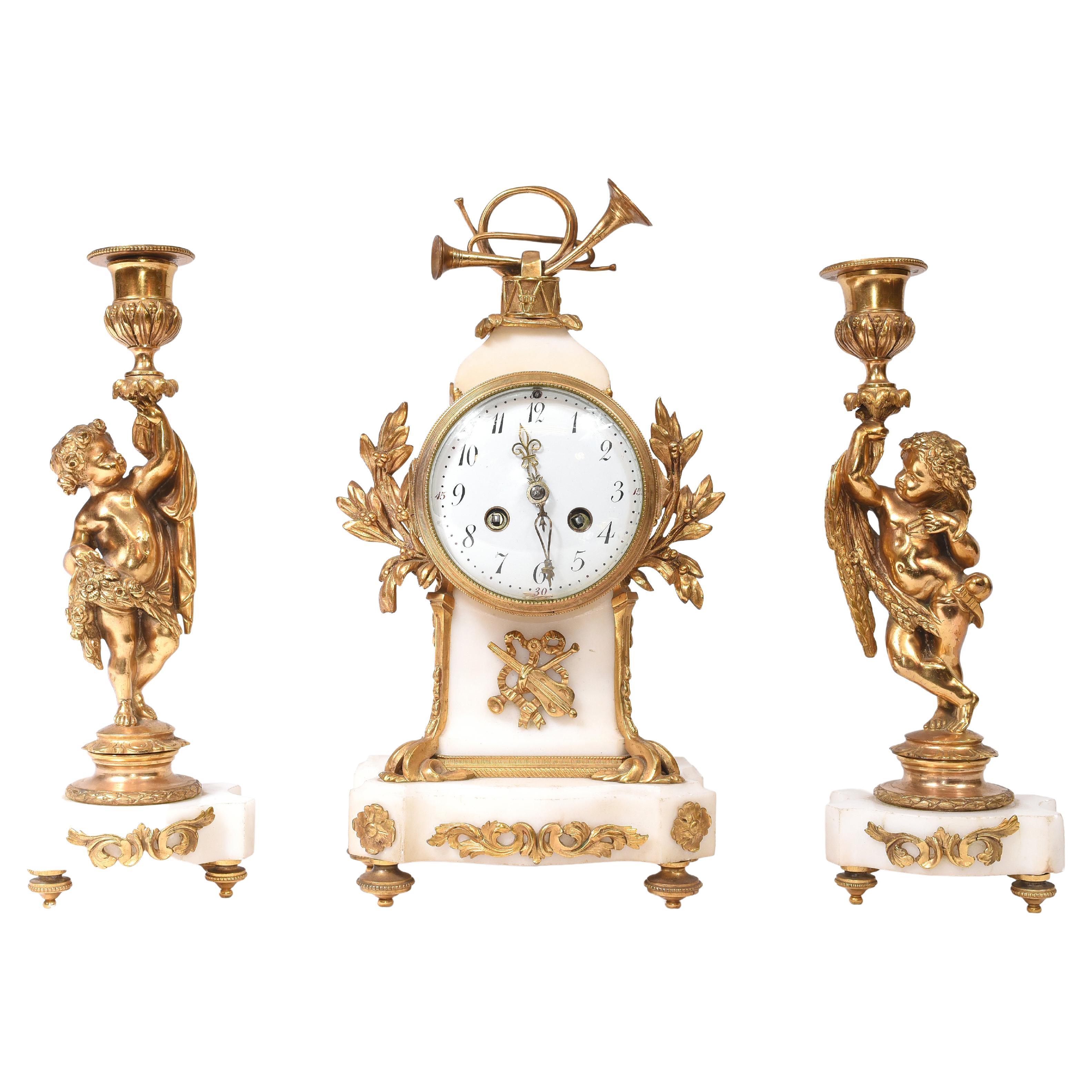 Antique Clock Set French Garniture Gilt and Marble Cherubs