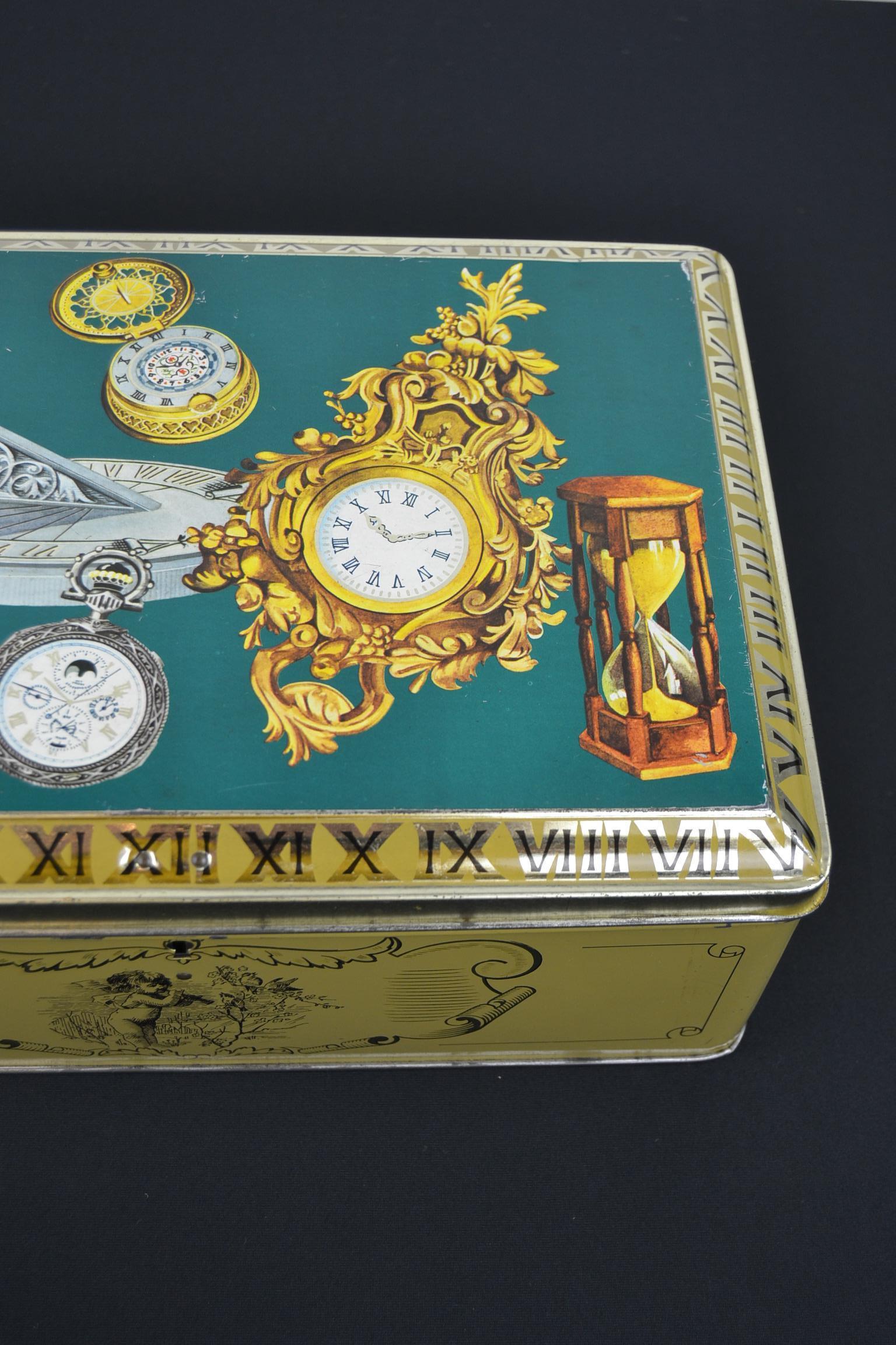 Antike Uhren und Uhren, Zeitmesser in Zinnschachtel (Belgisch) im Angebot