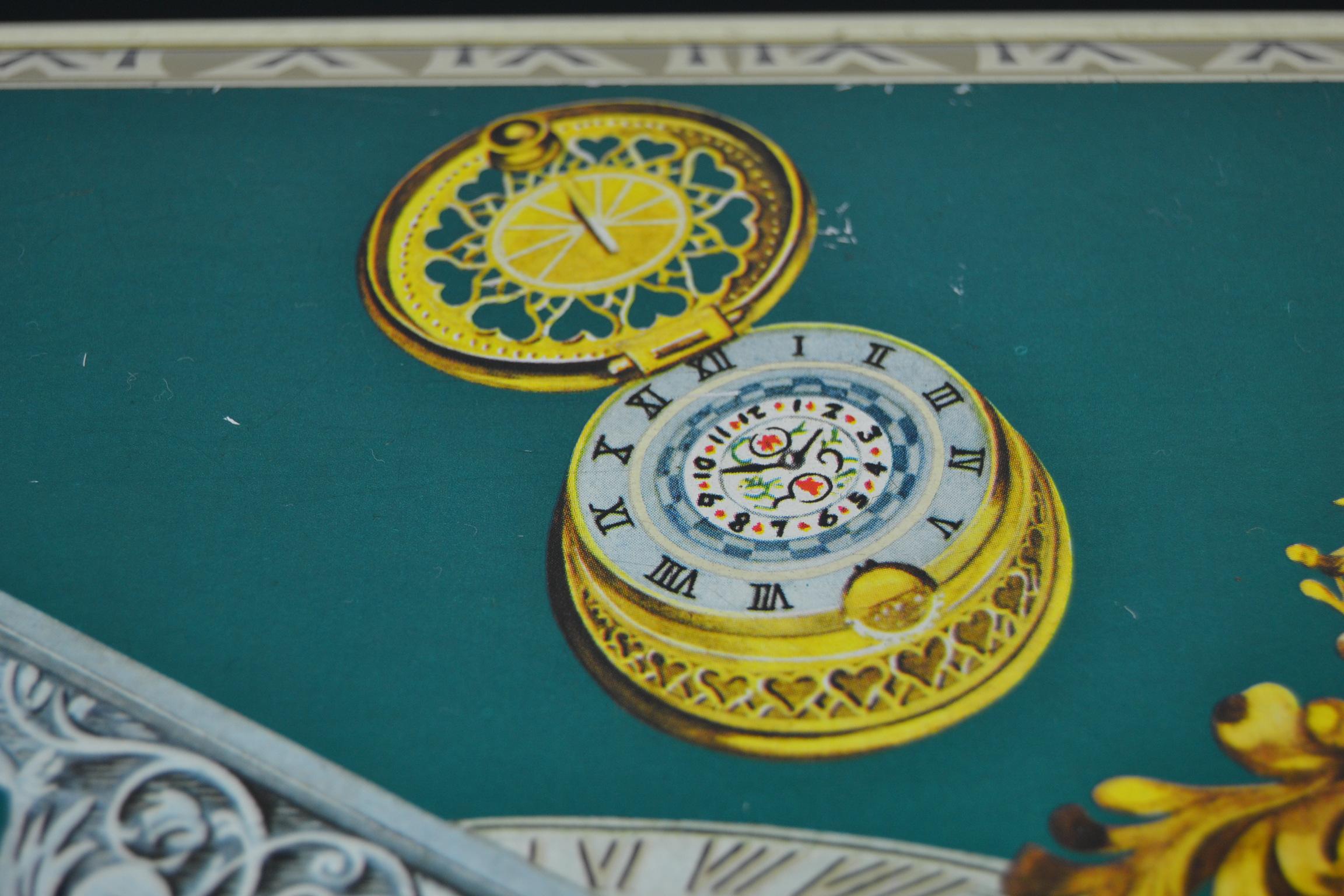 Belgian Antique Clocks and Watches, Timepieces Tin Box For Sale