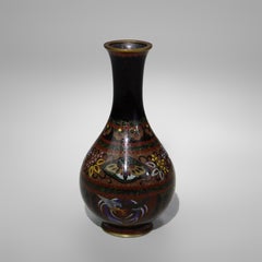 Antique Cloisonne Bottleneck Vase with Bird, Butterfly & Garden Flowers C1920
