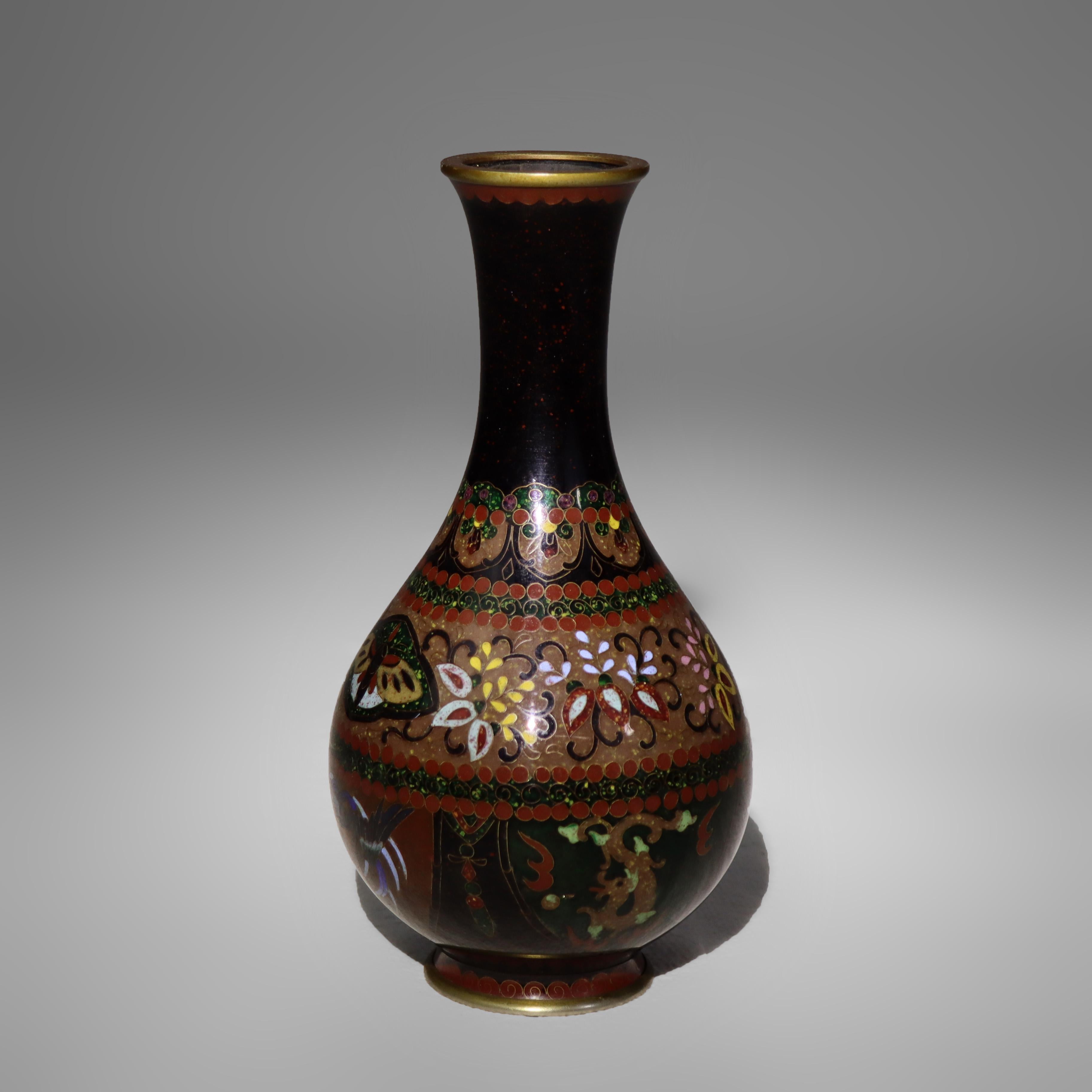 Antique Cloisonne Bottleneck Vase with Bird, Butterfly & Garden Flowers C1920 In Good Condition For Sale In Big Flats, NY