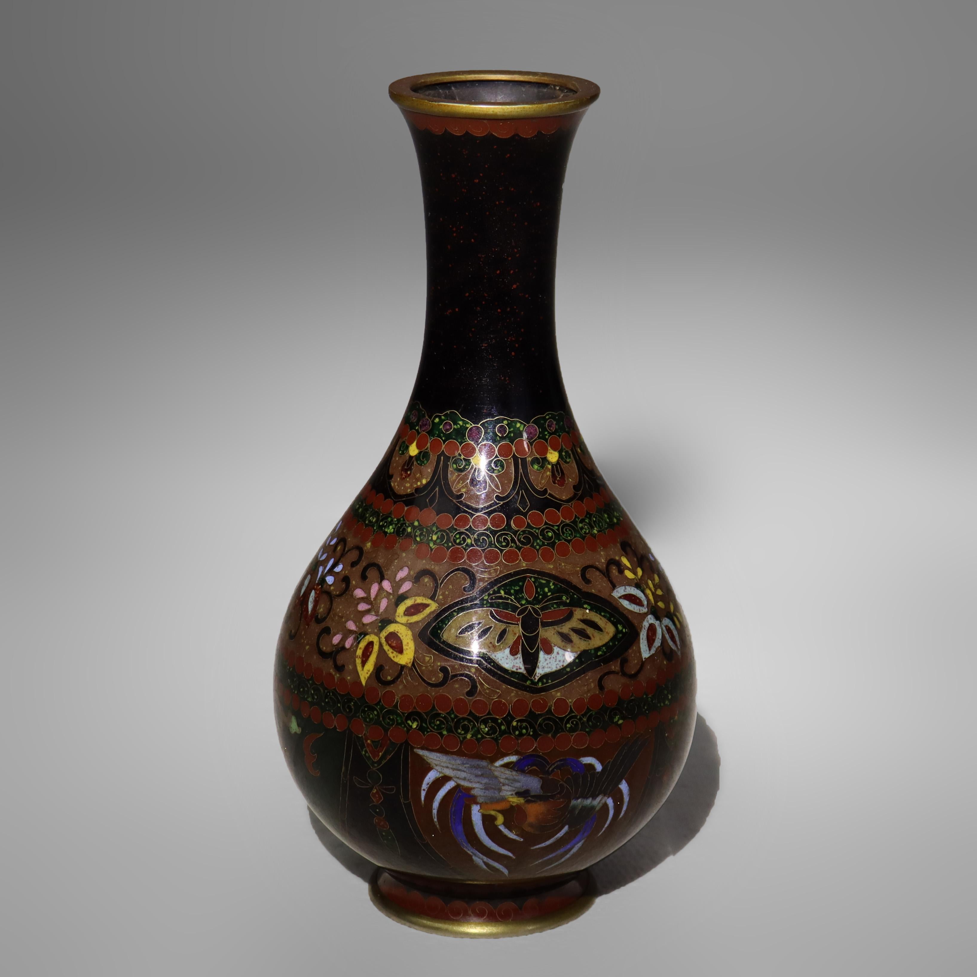 20th Century Antique Cloisonne Bottleneck Vase with Bird, Butterfly & Garden Flowers C1920 For Sale