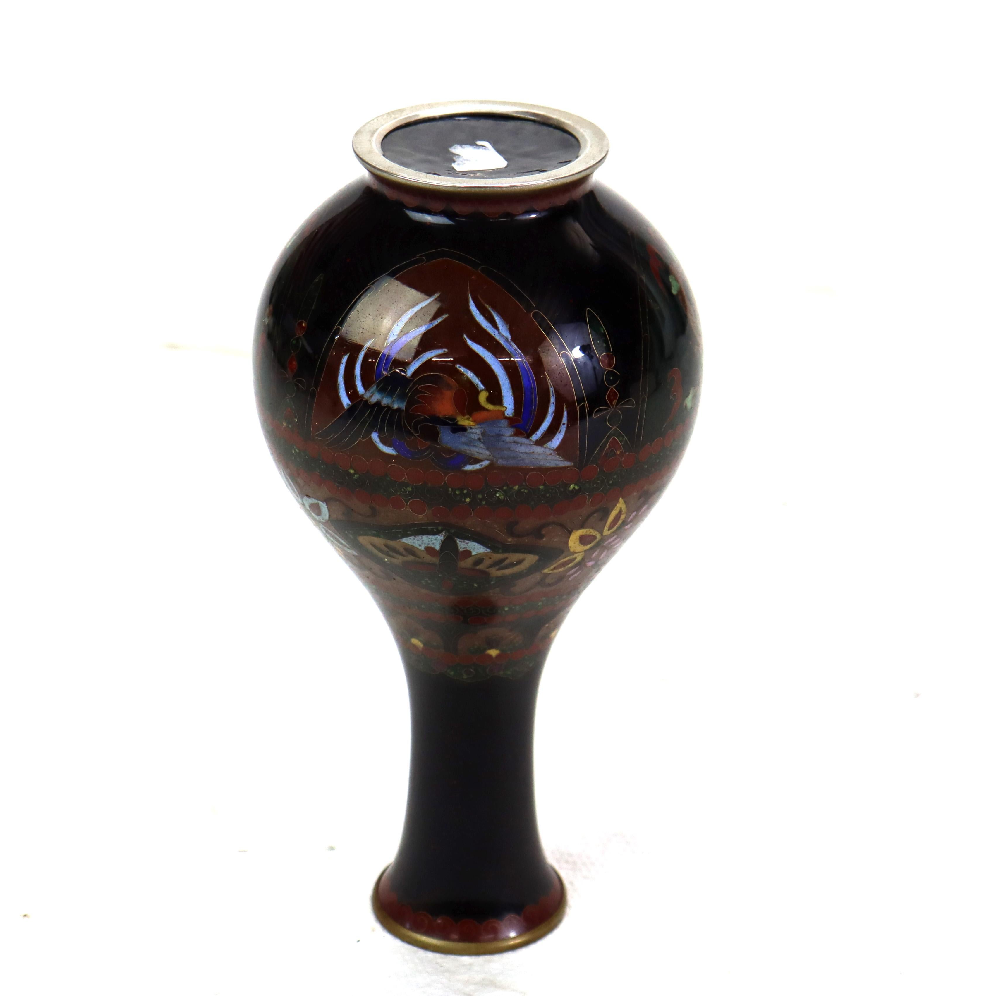Metal Antique Cloisonne Bottleneck Vase with Bird, Butterfly & Garden Flowers C1920 For Sale