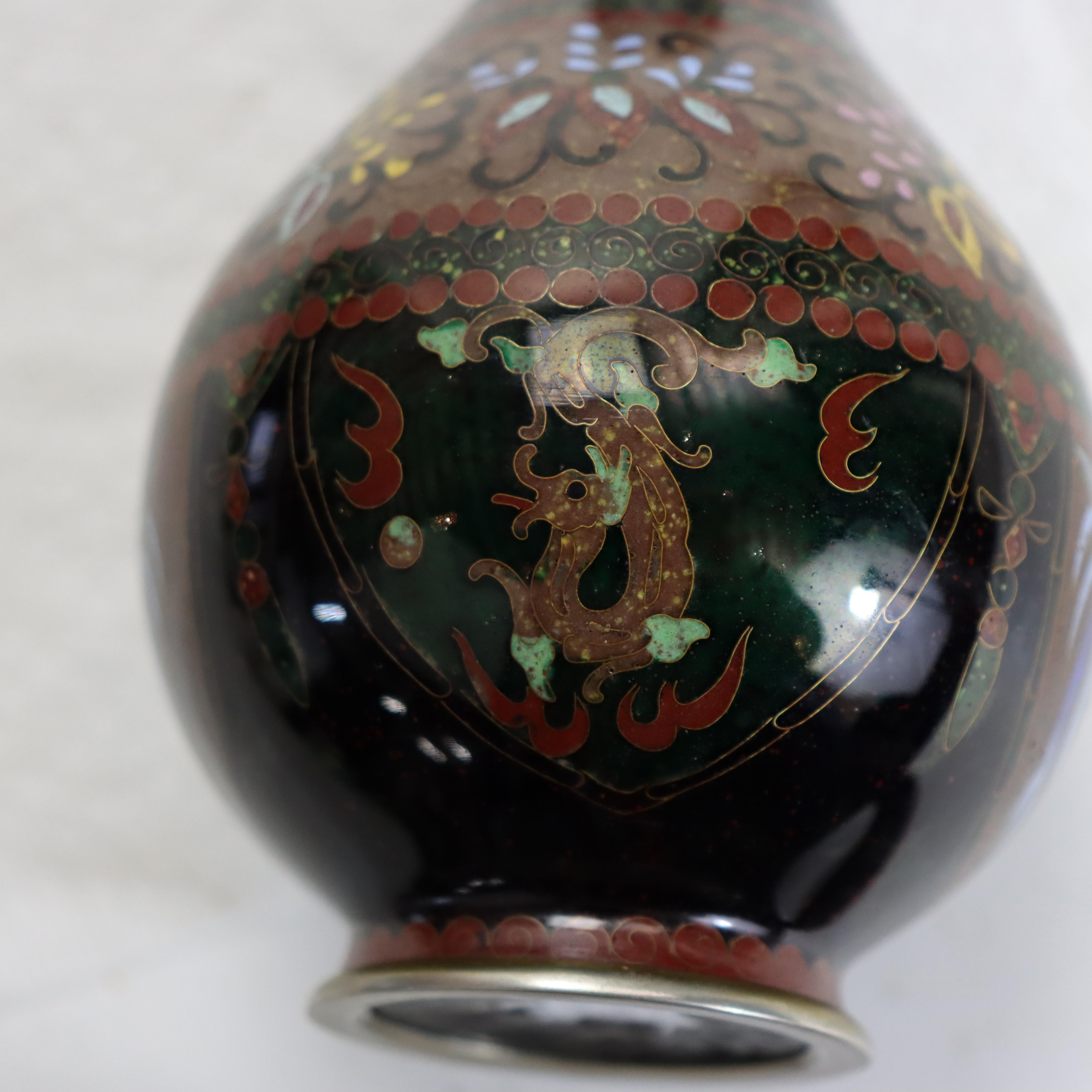 Antique Cloisonne Bottleneck Vase with Bird, Butterfly & Garden Flowers C1920 For Sale 1