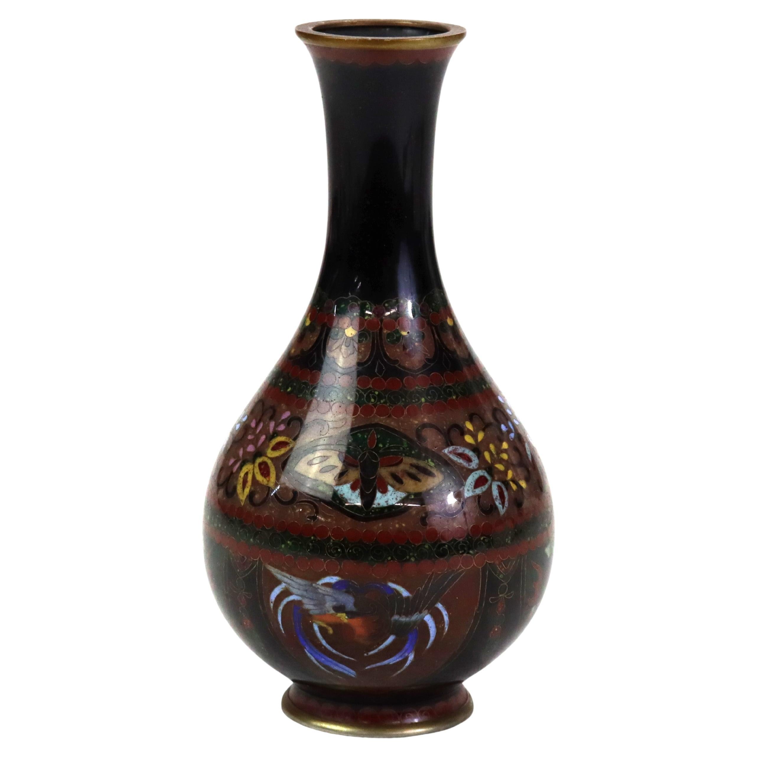 Antique Cloisonne Bottleneck Vase with Bird, Butterfly & Garden Flowers C1920 For Sale