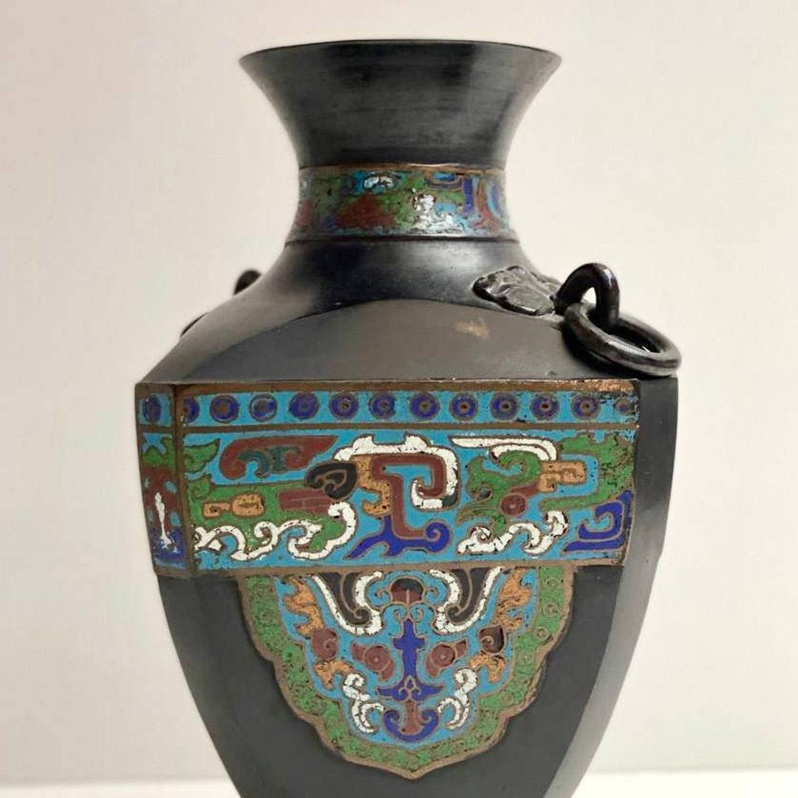Japanese Antique Cloisonne Bronze Vase, Japan, 19th Century, Rare Antique Vase For Sale