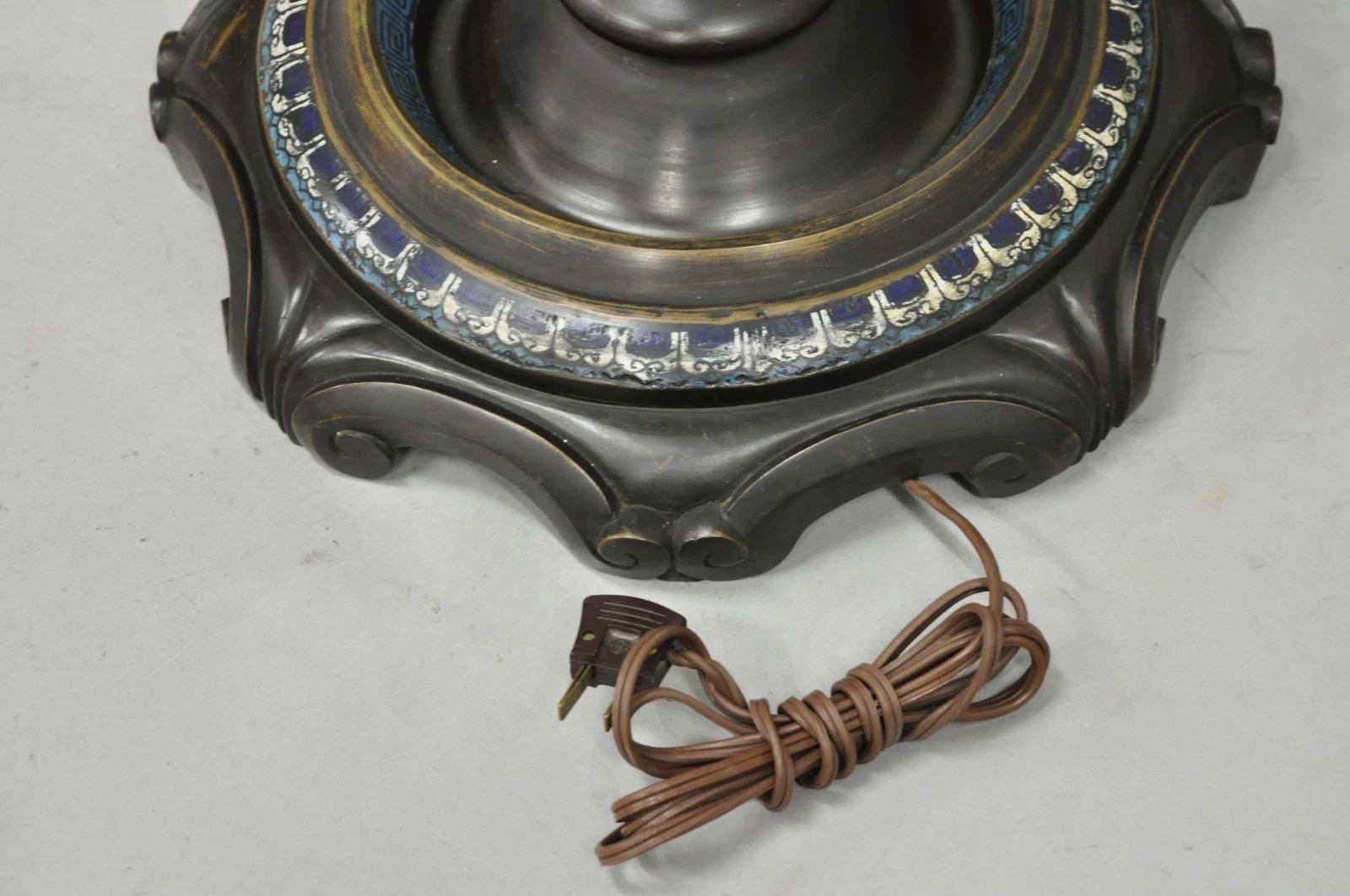 Antique Cloisonne Chinese Patinated Bronze Porcelain Enamel Pole Floor Lamp For Sale 5