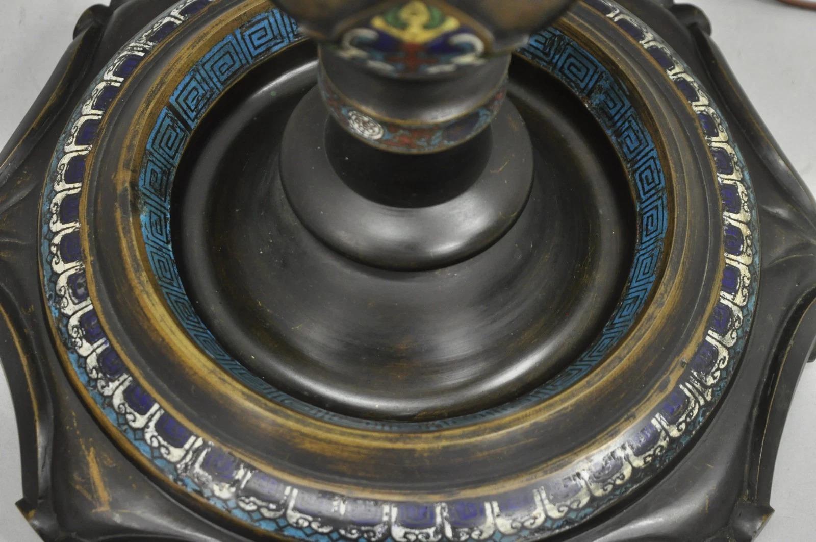 Antique Cloisonne Chinese Patinated Bronze Porcelain Enamel Pole Floor Lamp For Sale 6