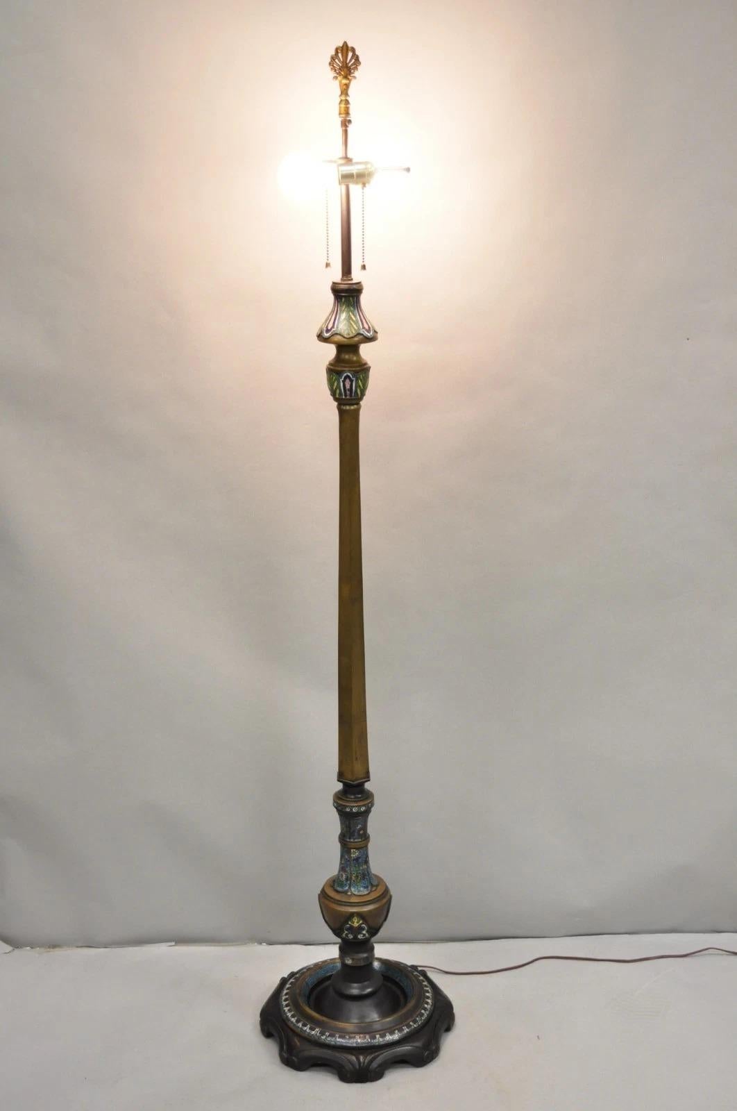 Antique Cloisonne Chinese Patinated Bronze Porcelain Enamel Pole Floor Lamp For Sale 7