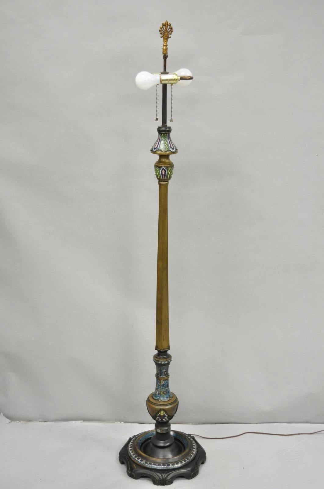 Antique Cloisonne Chinese Patinated Bronze Porcelain Enamel Pole Floor Lamp For Sale 9