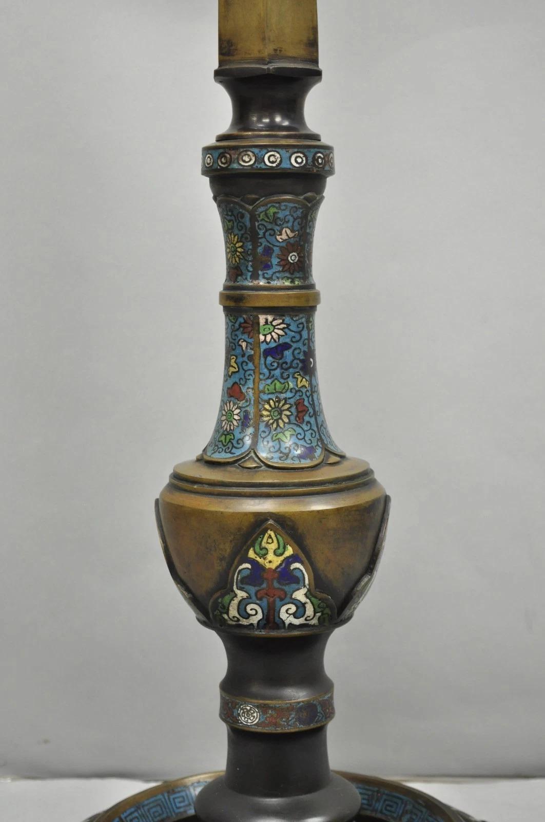 Antique Cloisonne Chinese Patinated Bronze Porcelain Enamel Pole Floor Lamp For Sale 10