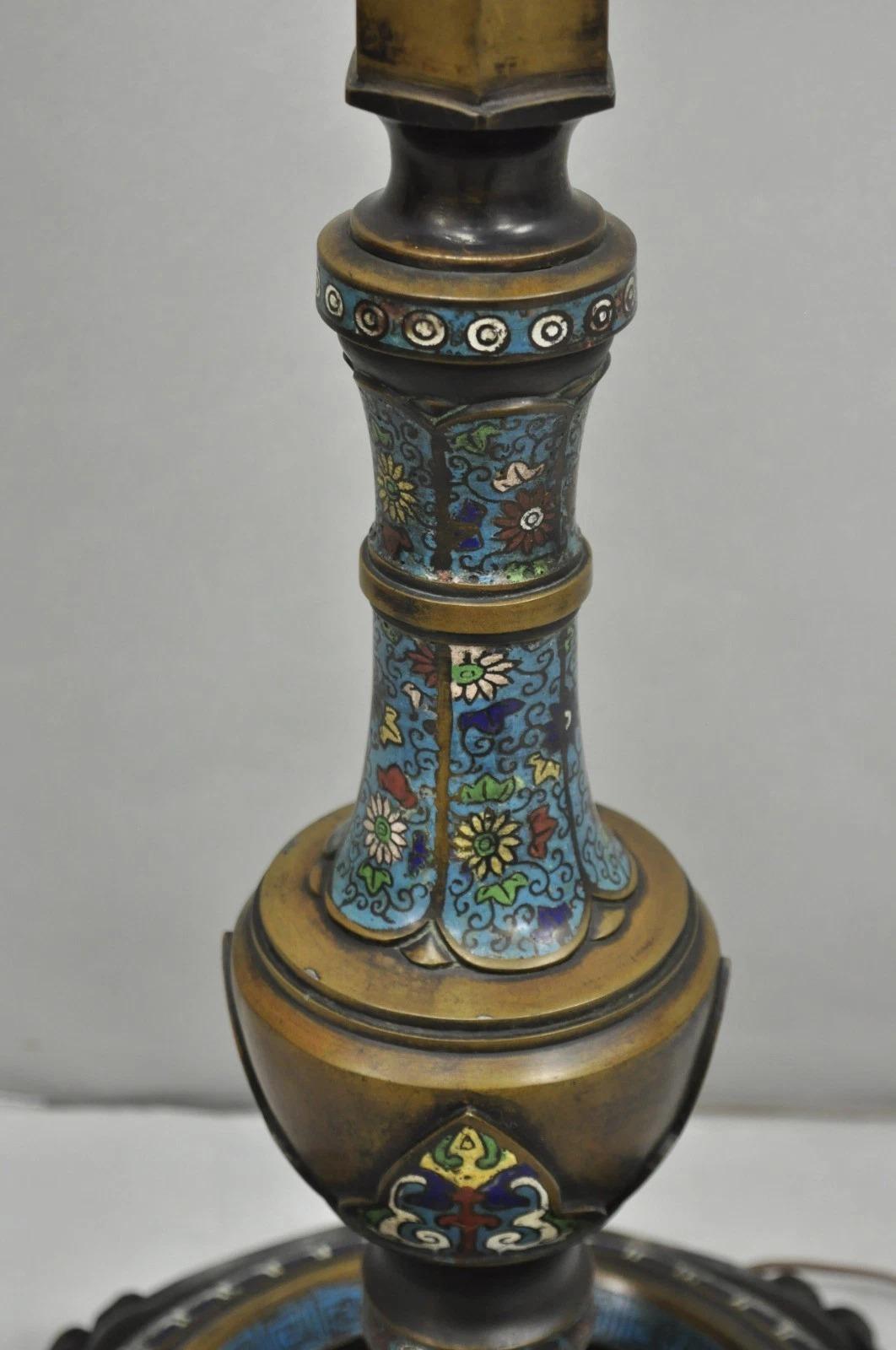 Please message us with your zip code to request a more reasonable domestic U.S. shipping quote.

Antique Cloisonne Chinese/Japanese Patinated Bronze Porcelain Enamel Pole Floor Lamp. Circa Late 19th Century. Measurements: 65