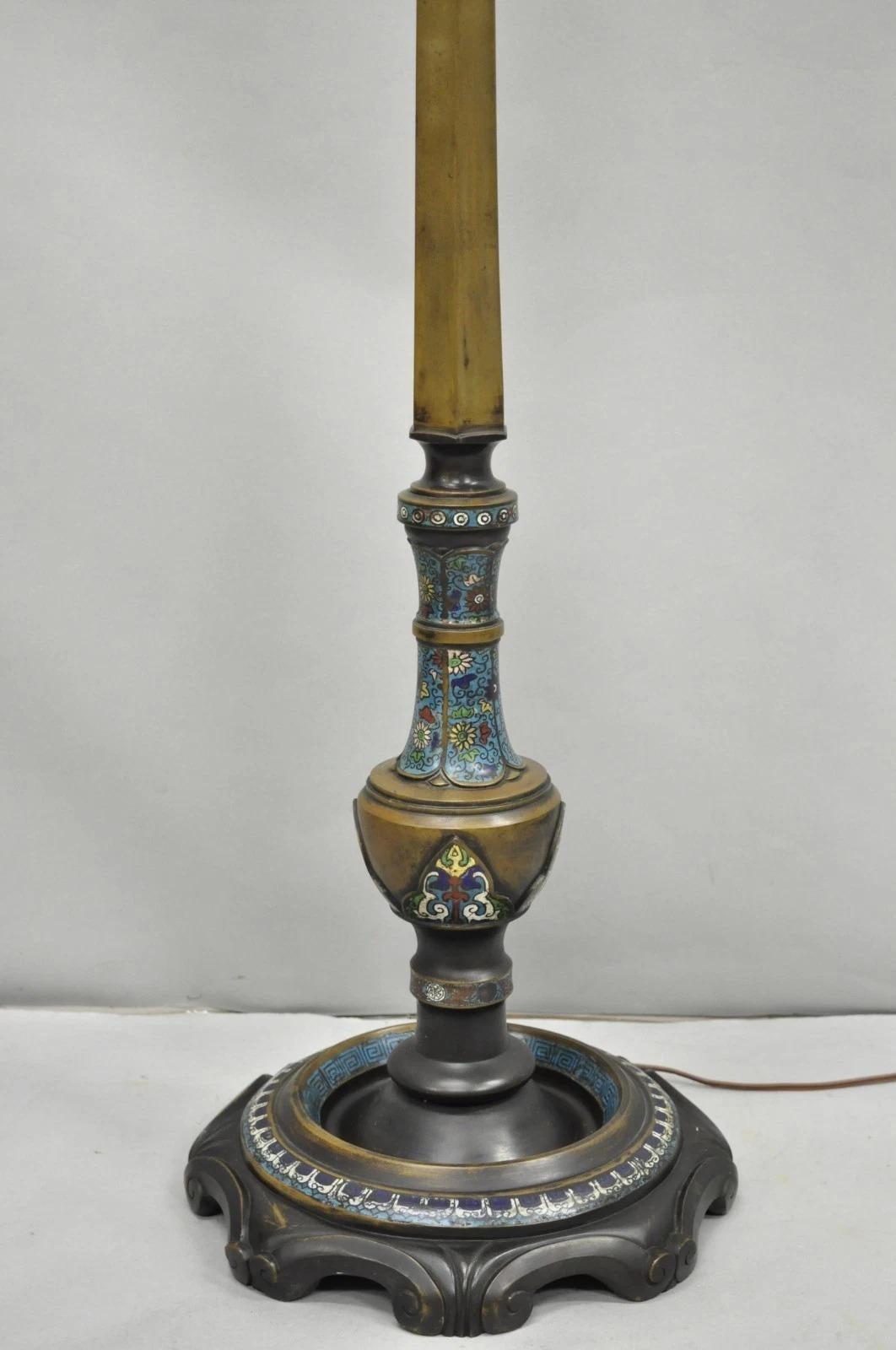 Chinoiserie Antique Cloisonne Chinese Patinated Bronze Porcelain Enamel Pole Floor Lamp For Sale
