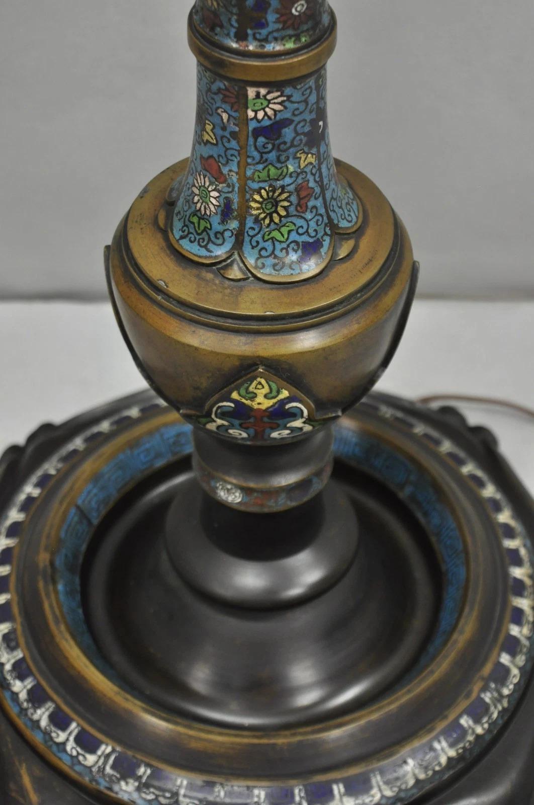 Antique Cloisonne Chinese Patinated Bronze Porcelain Enamel Pole Floor Lamp For Sale 4