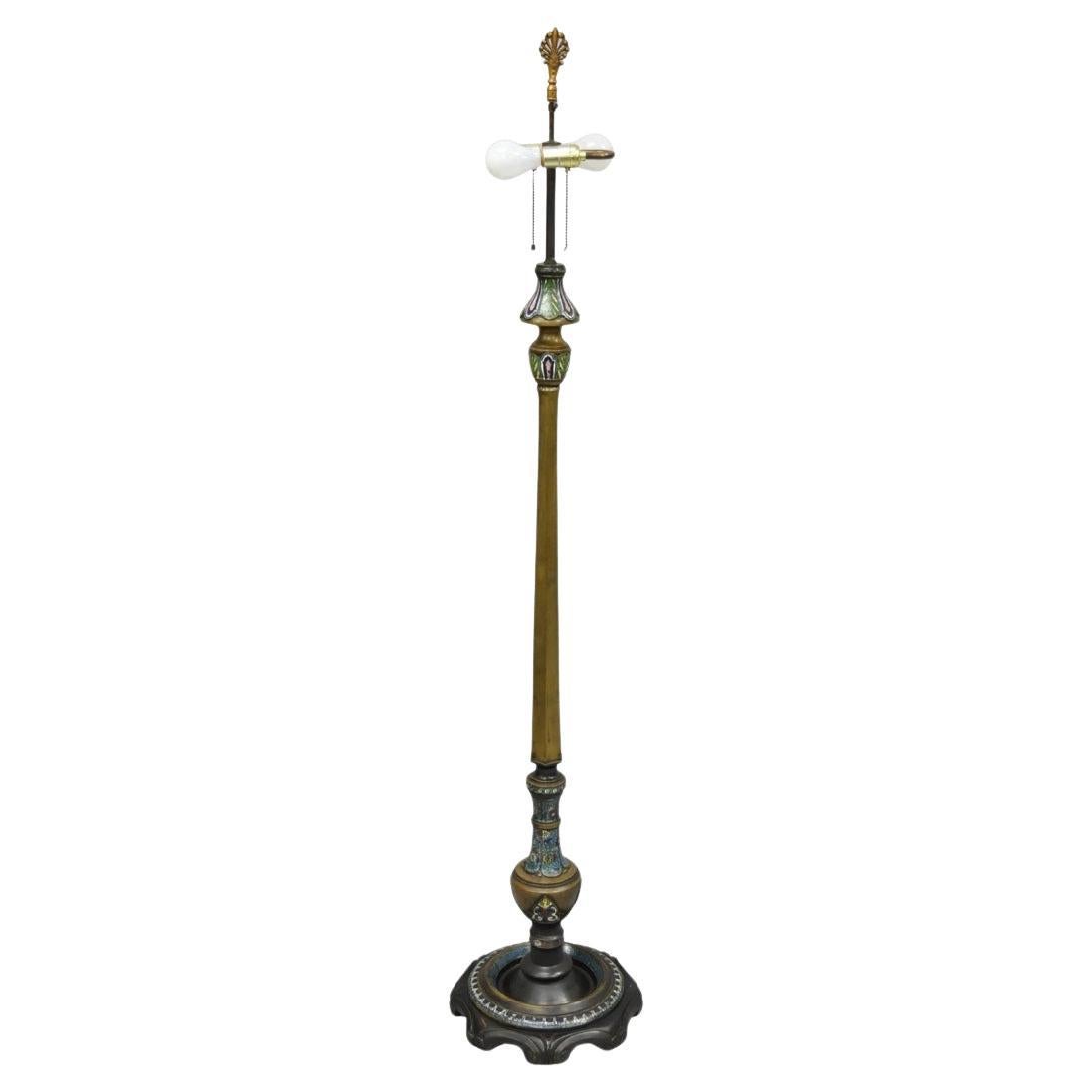 Antique Cloisonne Chinese Patinated Bronze Porcelain Enamel Pole Floor Lamp For Sale