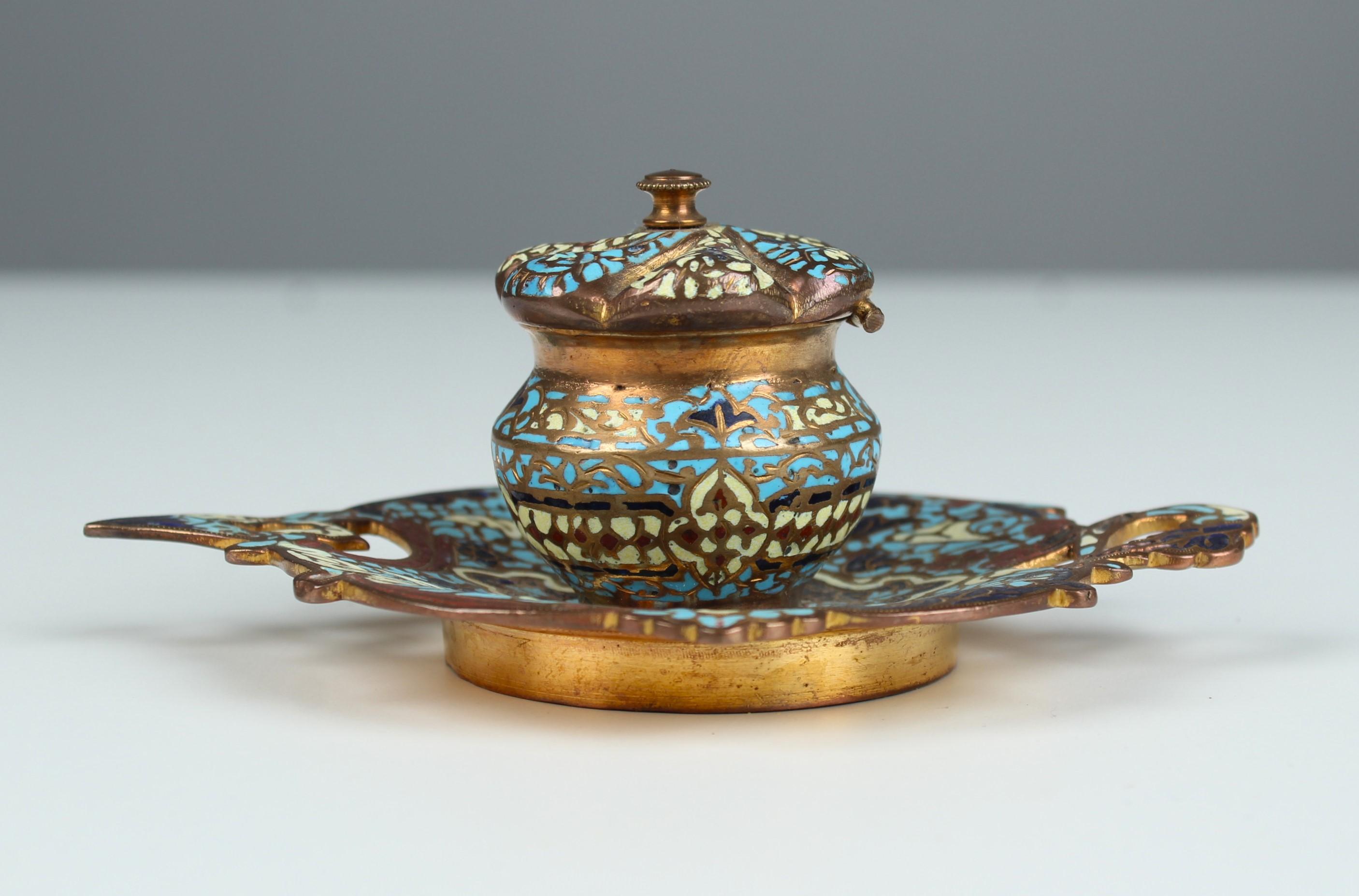 French Antique Cloisonné-Emaille Inkwell, Bronze Doré, France, Circa 1880 For Sale