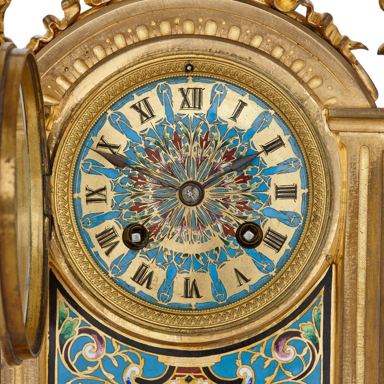 French Antique Cloisonne Enamel and Gilt Bronze Clock Set For Sale