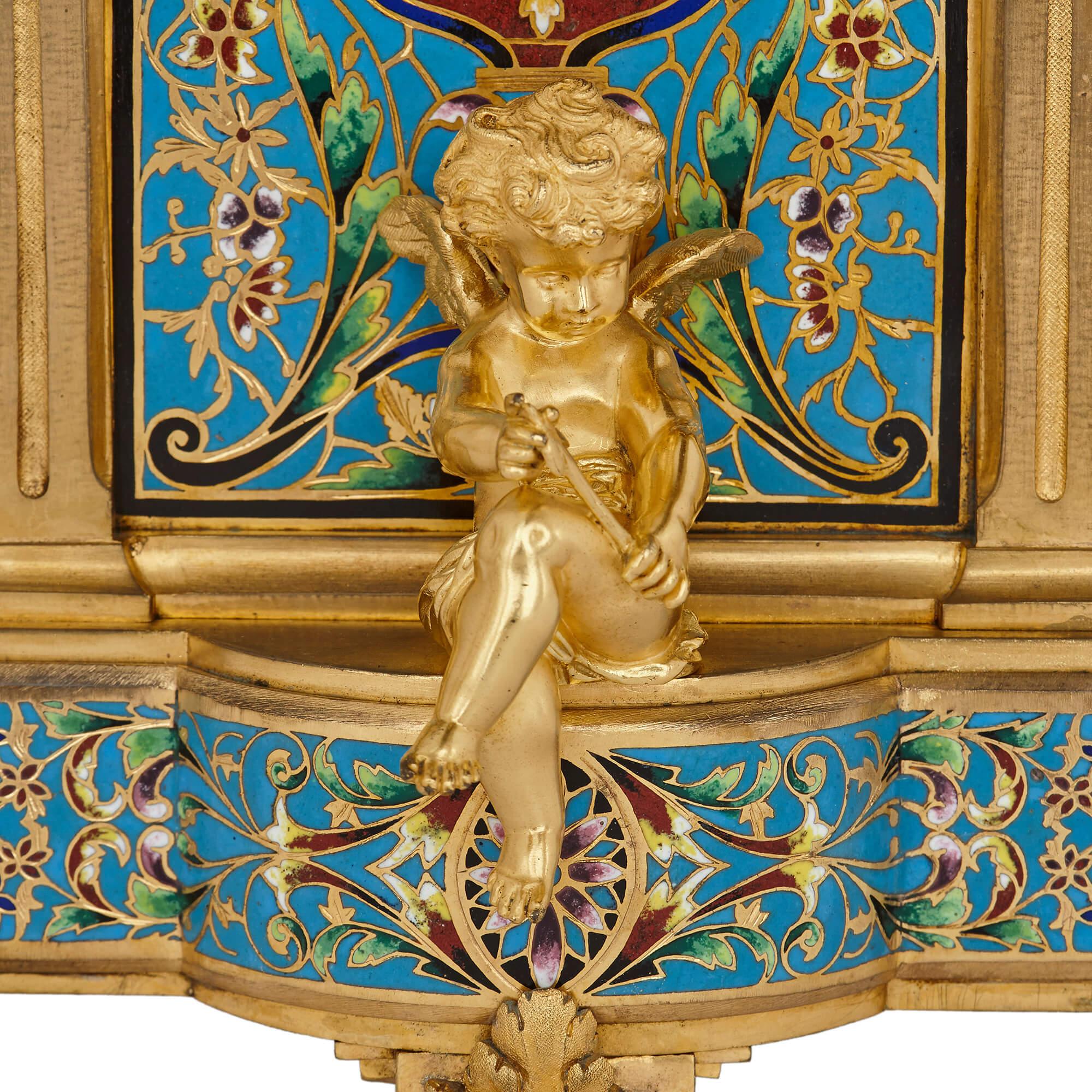 Antikes Uhren-Set aus Cloisonné-Emaille und vergoldeter Bronze im Zustand „Gut“ im Angebot in London, GB