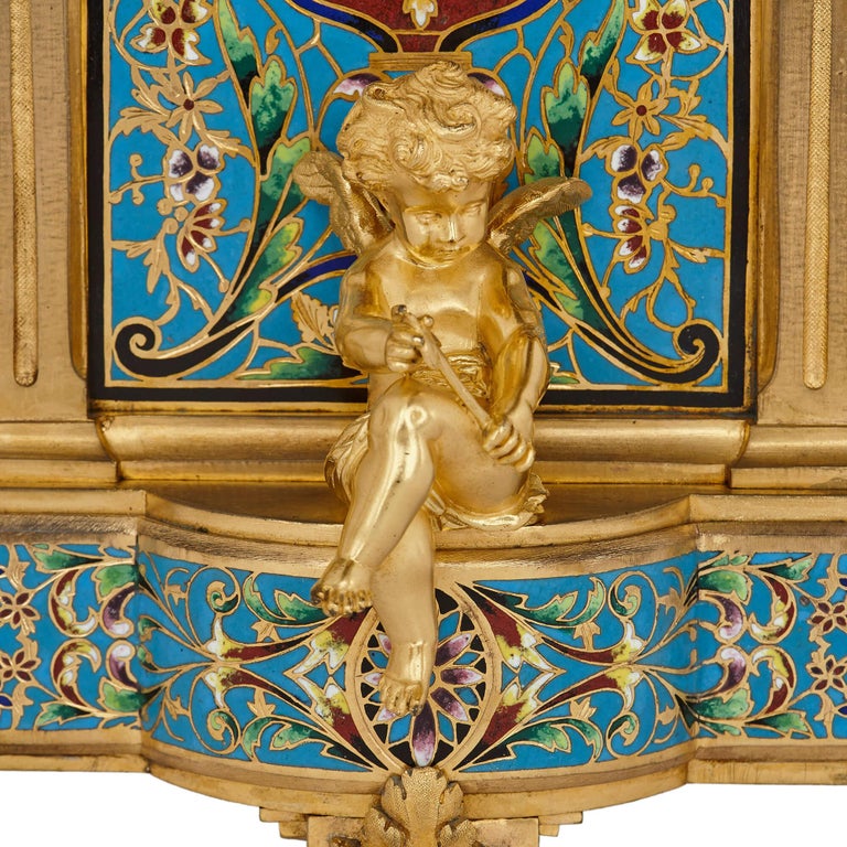 Cloissoné Antique Cloisonne Enamel and Gilt Bronze Clock Set For Sale