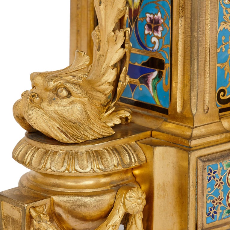 Antique Cloisonne Enamel and Gilt Bronze Clock Set In Good Condition For Sale In London, GB