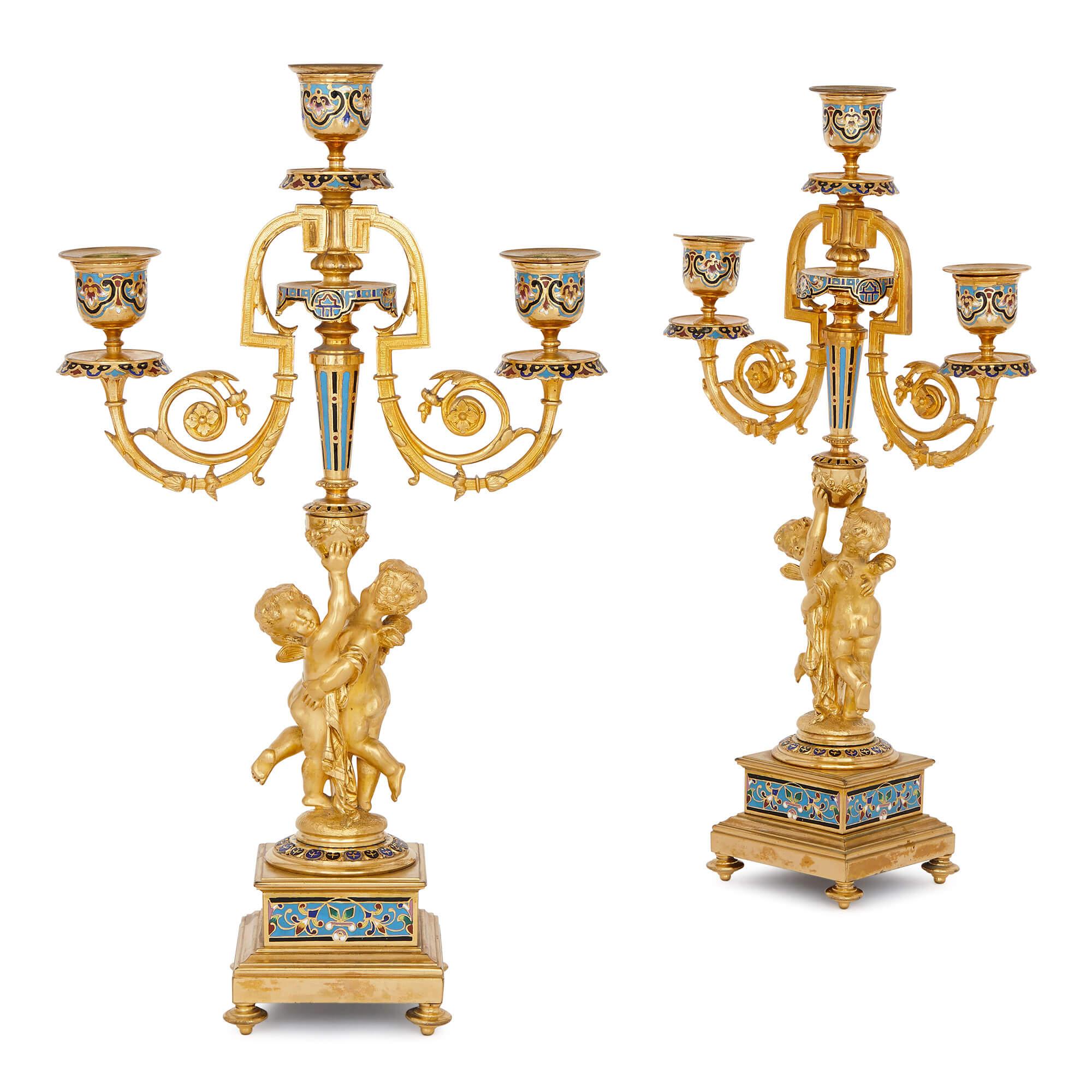 Antikes Uhren-Set aus Cloisonné-Emaille und vergoldeter Bronze (Goldbronze) im Angebot