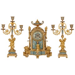 Antique Cloisonne Enamel and Gilt Bronze Clock Set