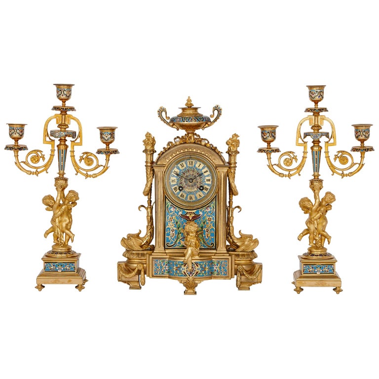 Antique Cloisonne Enamel and Gilt Bronze Clock Set For Sale