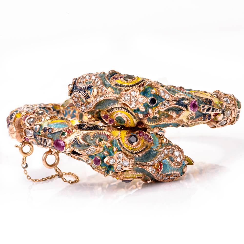Retro Antique Cloisonné Enamel Dragon Bangle Bracelet