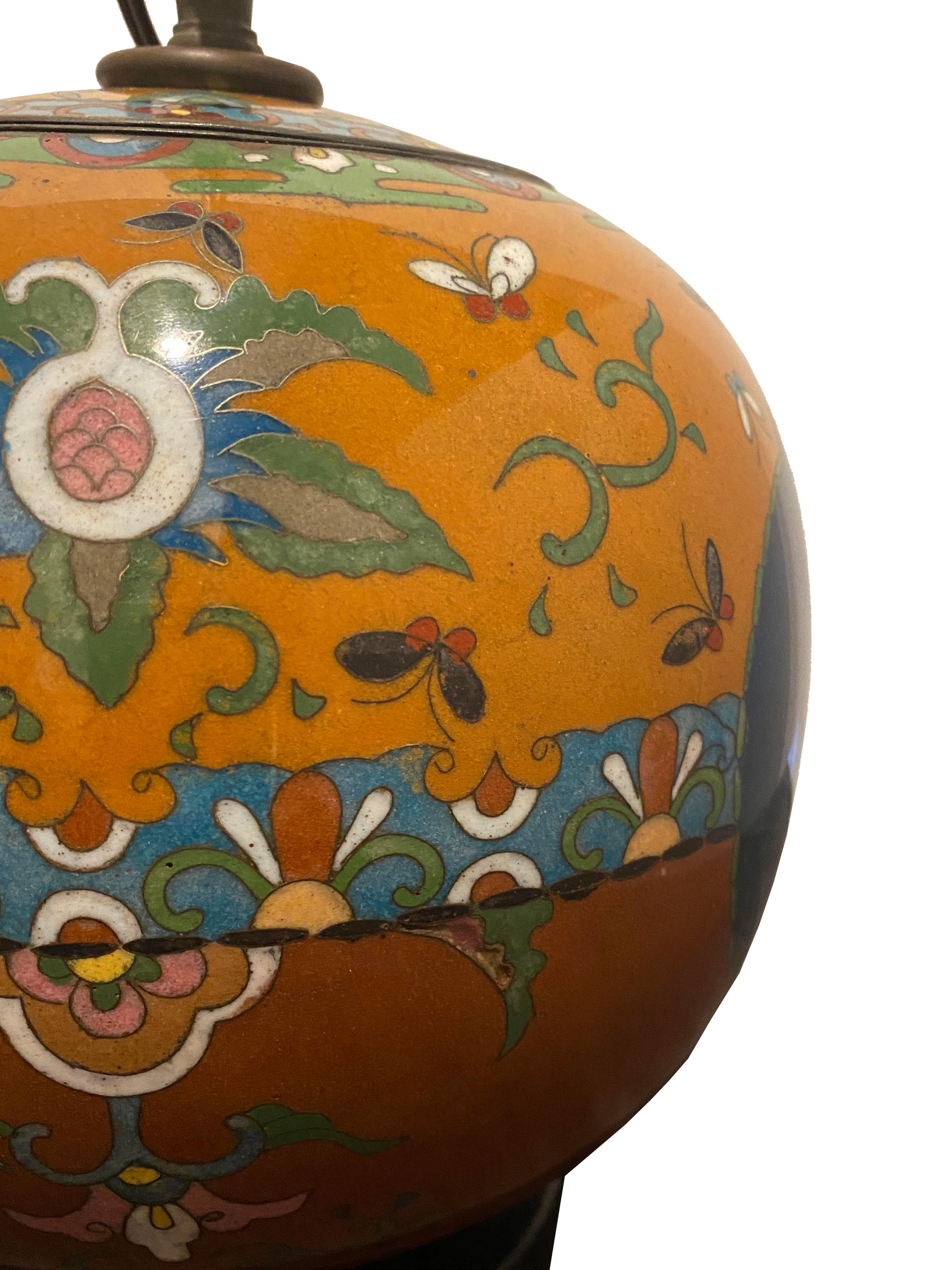 Antique Cloisonne Enamel Footed Ginger Jar Table Lamp For Sale 3