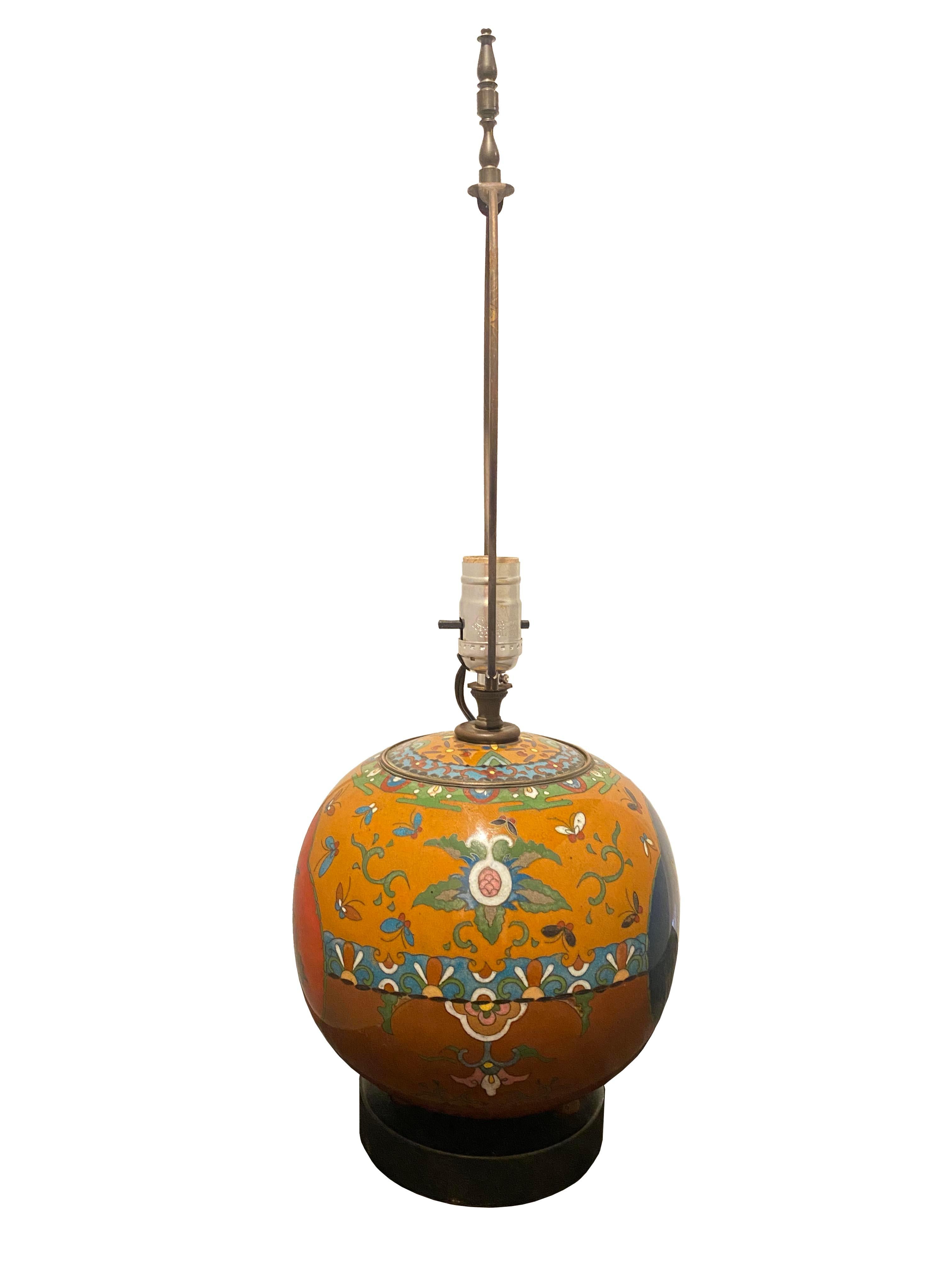 Japanese Antique Cloisonne Enamel Footed Ginger Jar Table Lamp For Sale