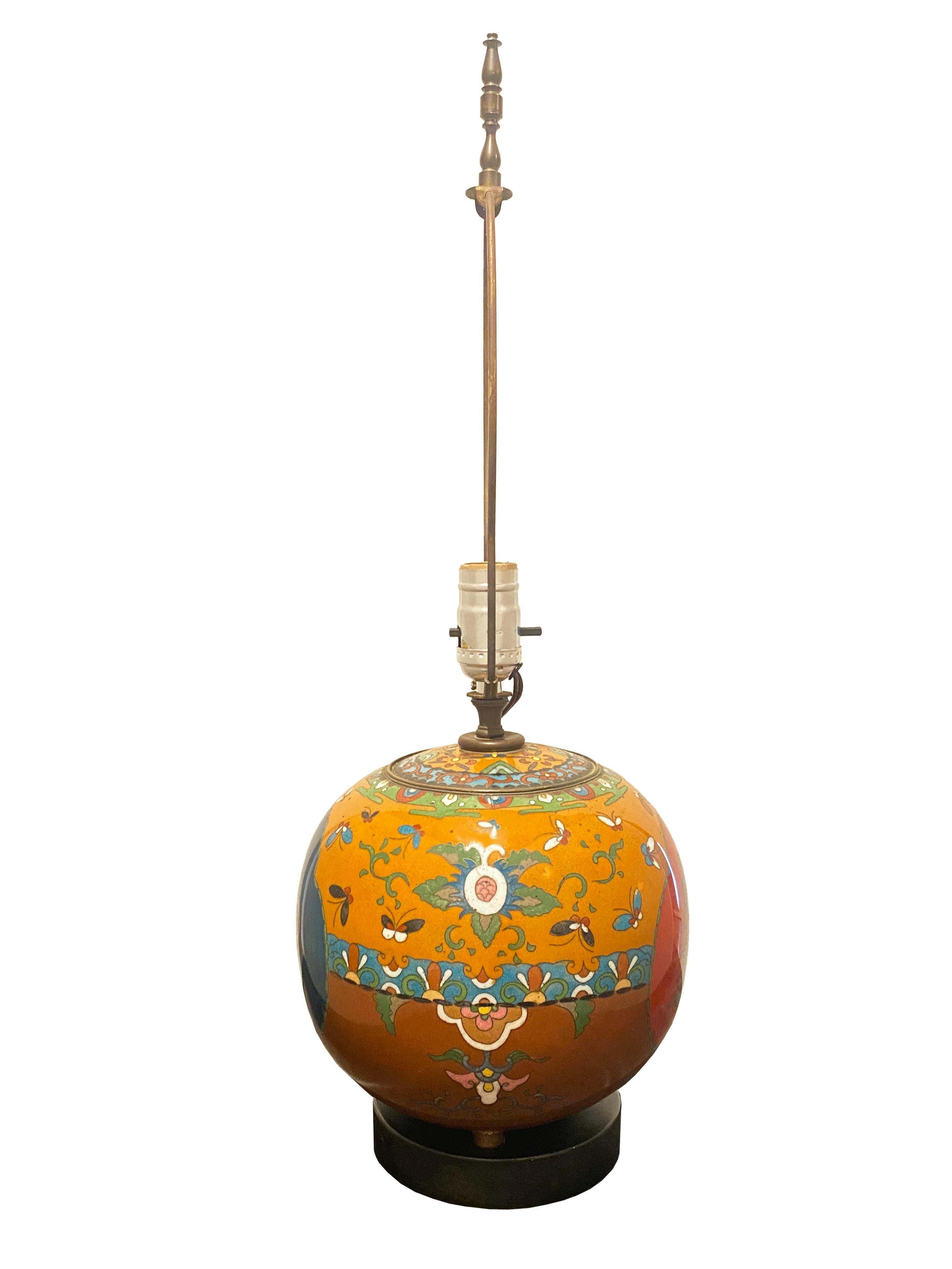 Cloissoné Antique Cloisonne Enamel Footed Ginger Jar Table Lamp For Sale