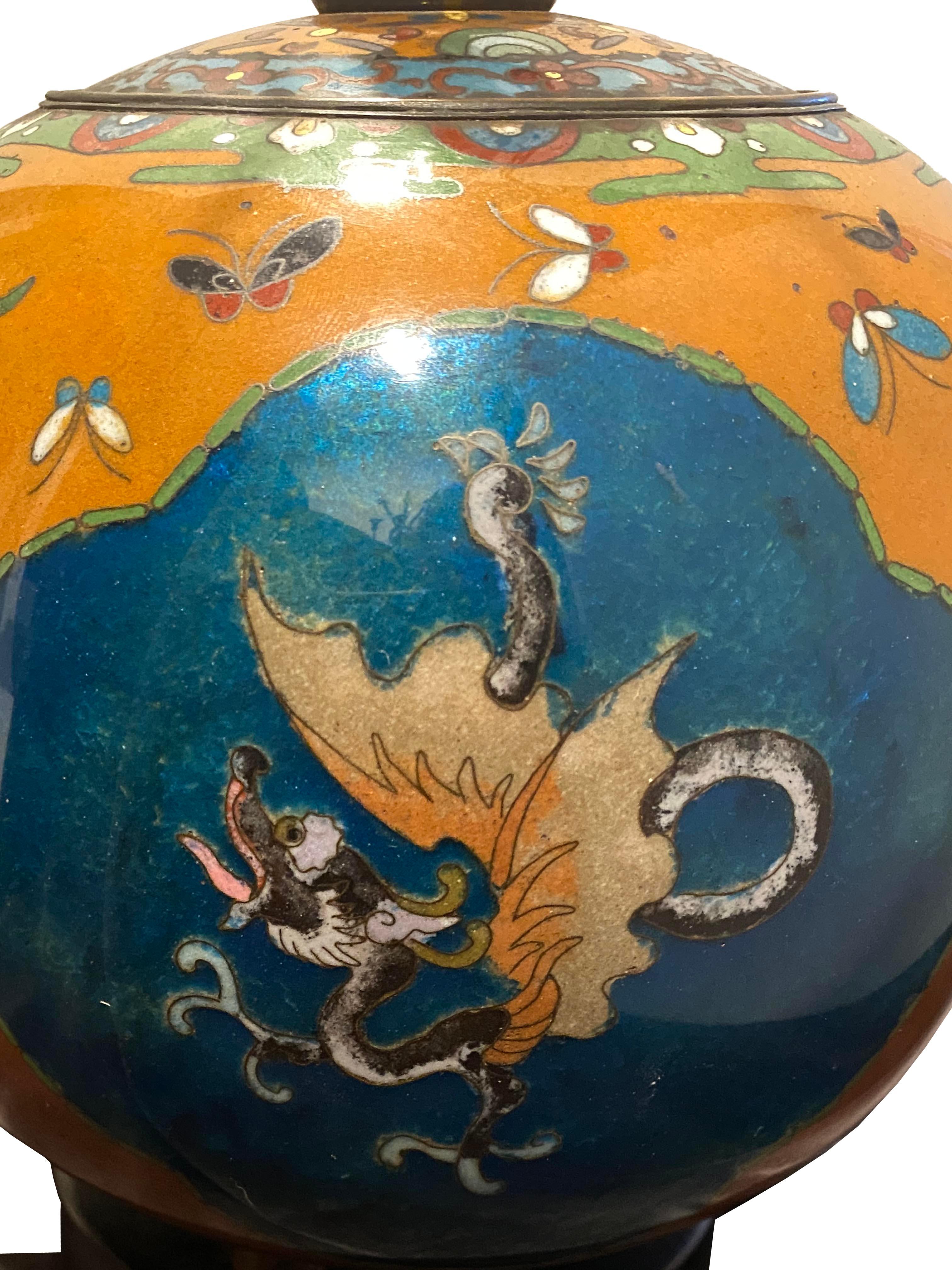 Antique Cloisonne Enamel Footed Ginger Jar Table Lamp In Good Condition For Sale In Scottsdale, AZ
