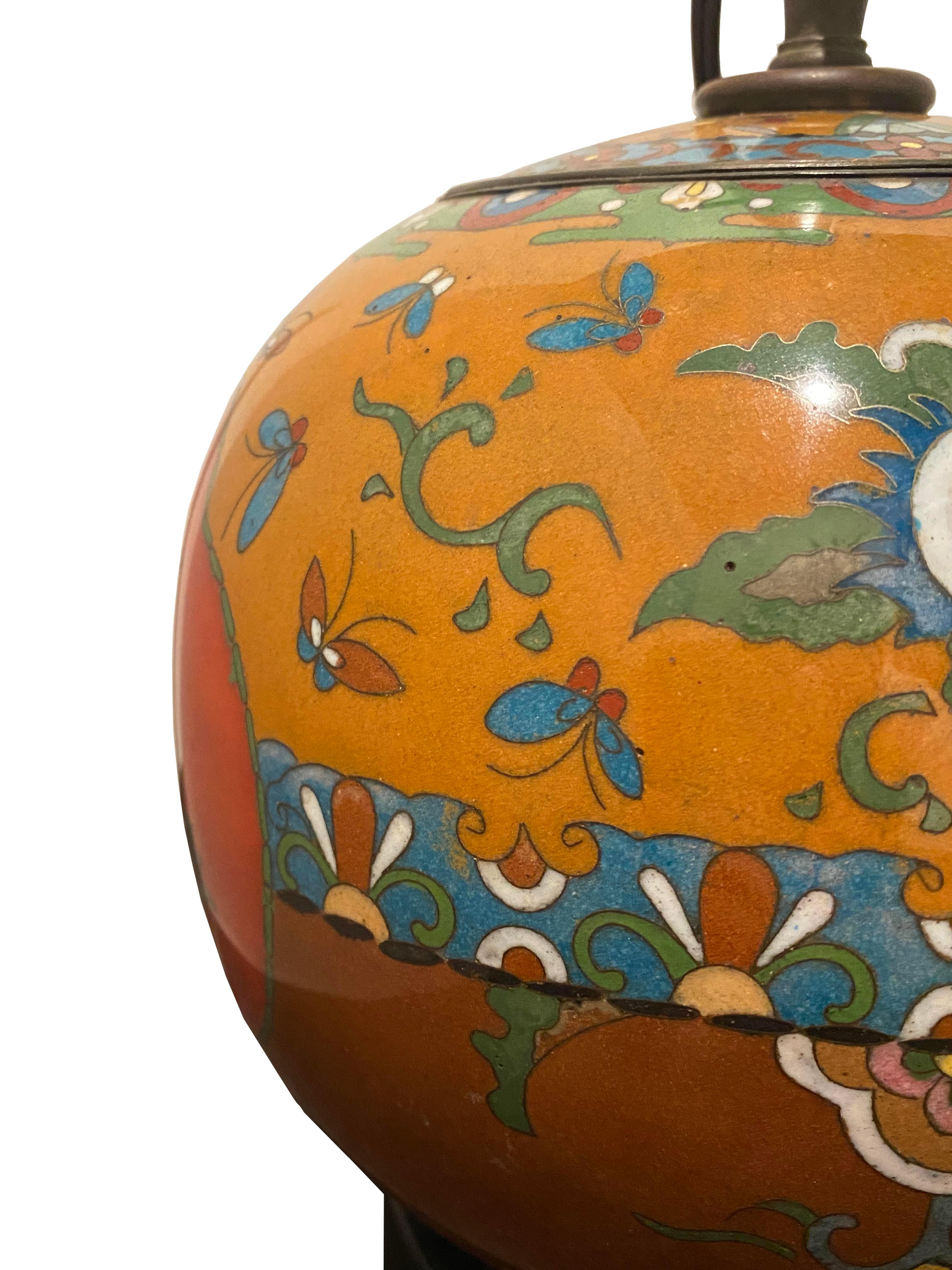 Antique Cloisonne Enamel Footed Ginger Jar Table Lamp For Sale 2