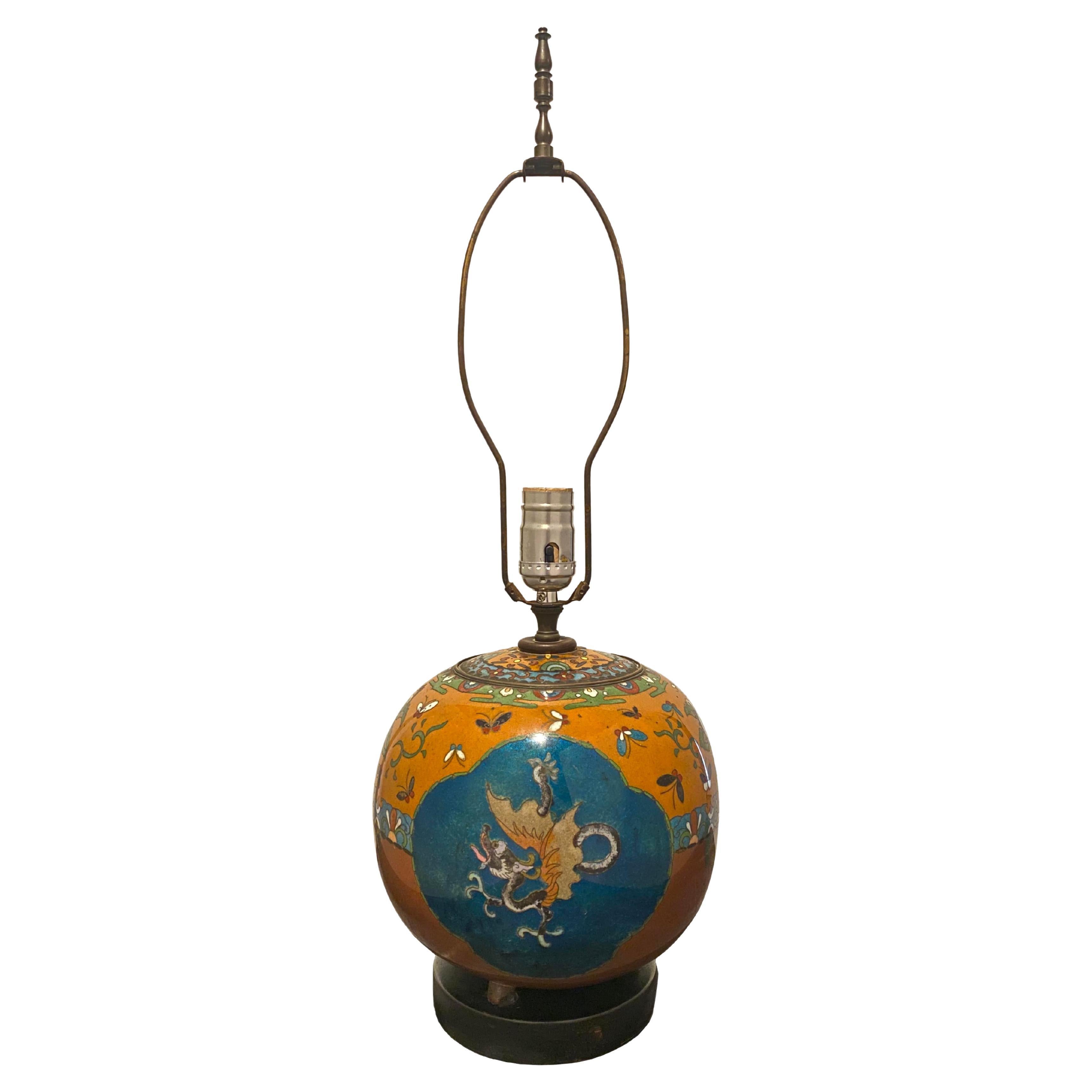 Antique Cloisonne Enamel Footed Ginger Jar Table Lamp