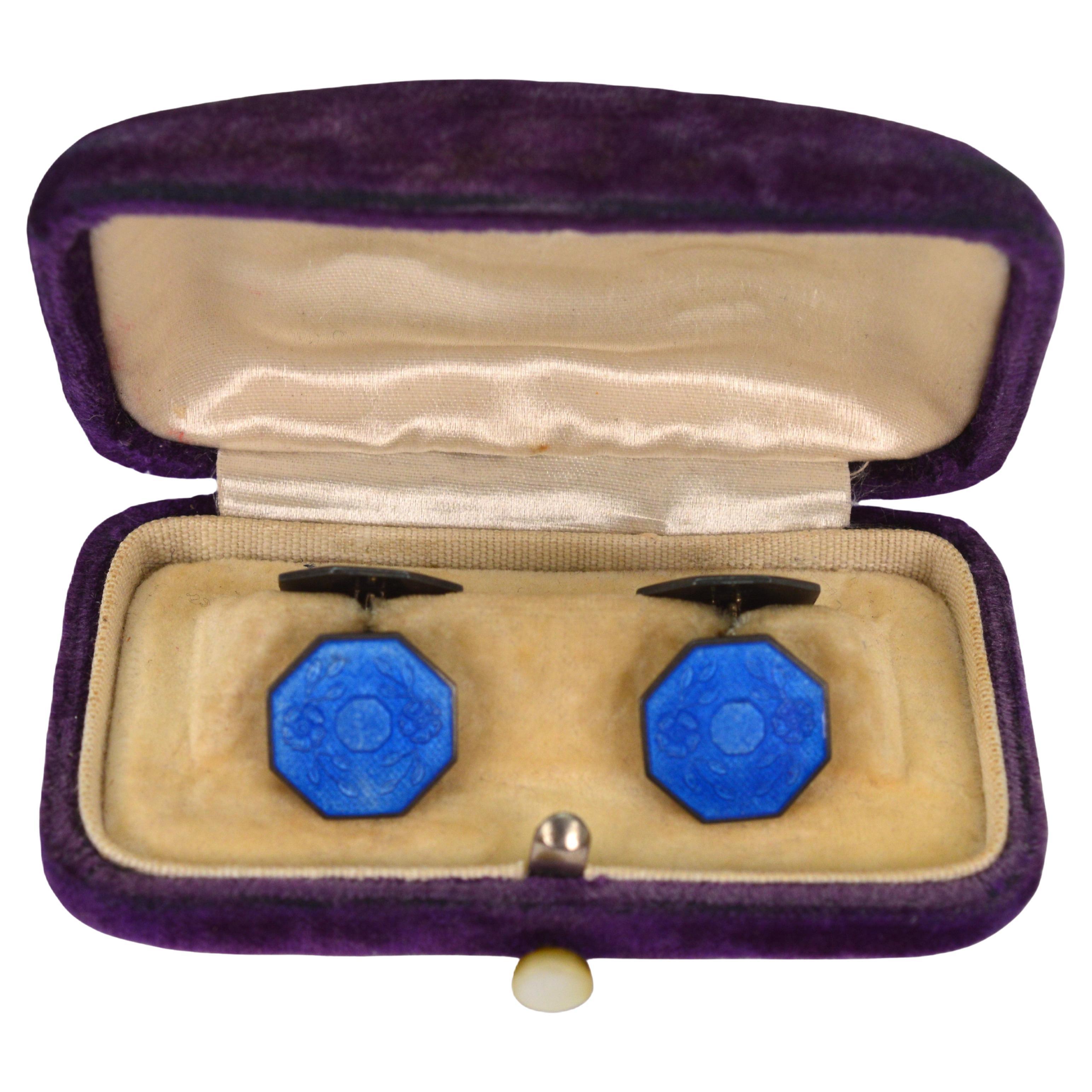 Antique Cloisonné Enamel Sterling Silver Cuff Links