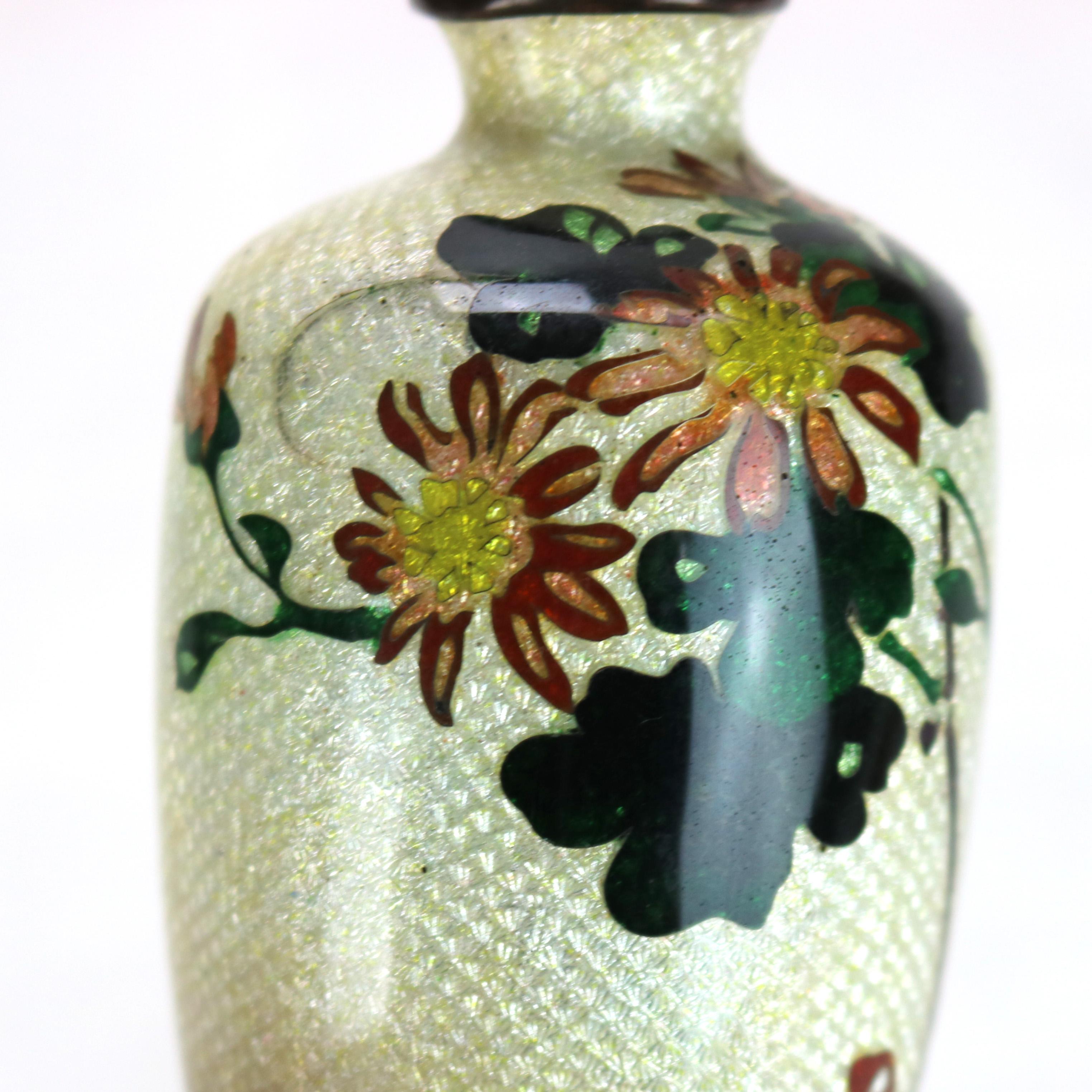 Antique Cloisonne Enameled Cabinet Vase with Flowers, Signed, Early 20thC For Sale 1