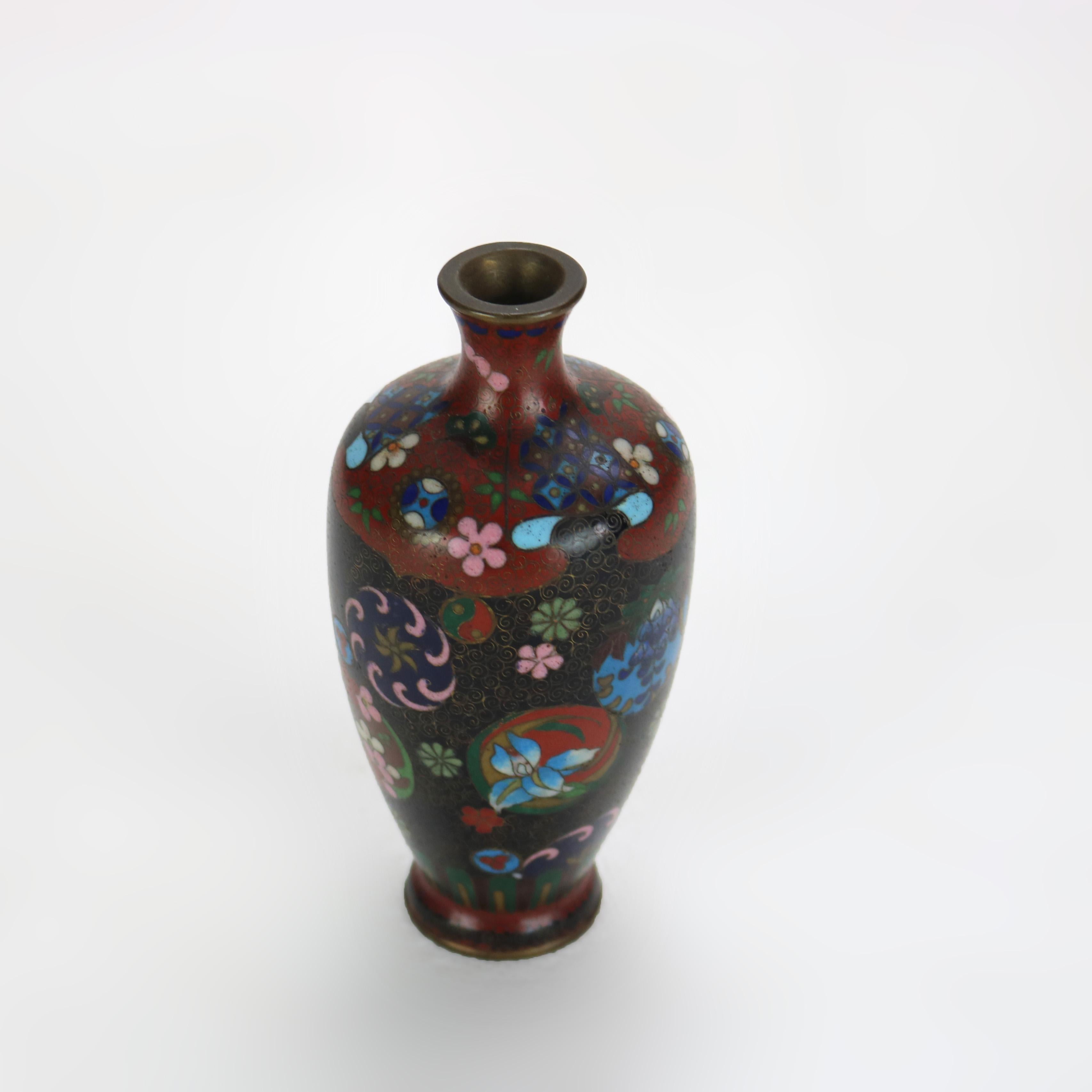 Antique Cloisonne Enameled Cabinet Vase with Garden Flowers, Early 20thC.  

4 7/8