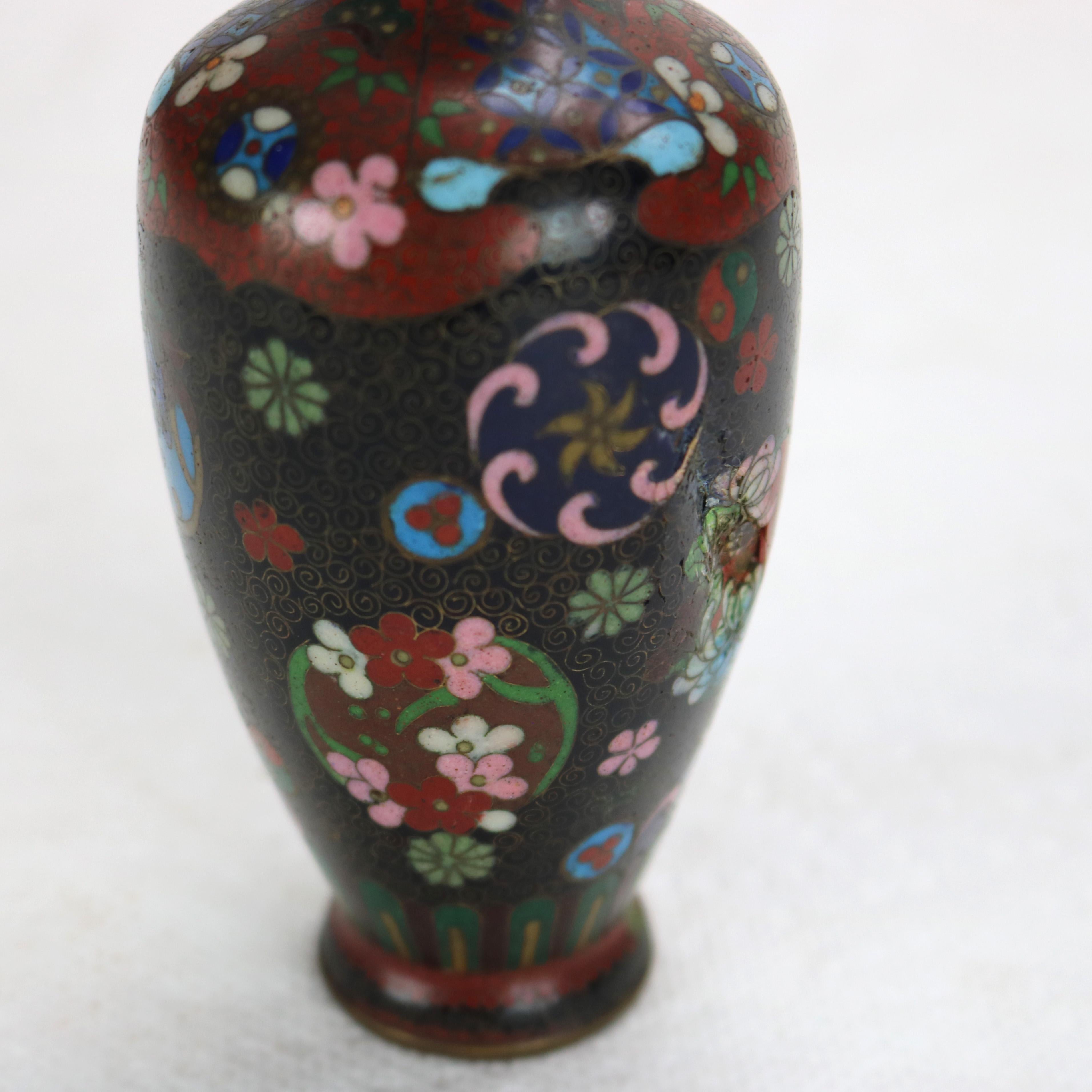 Antique Cloisonne Enameled Cabinet Vase with Garden Flowers Early 20thC In Good Condition For Sale In Big Flats, NY