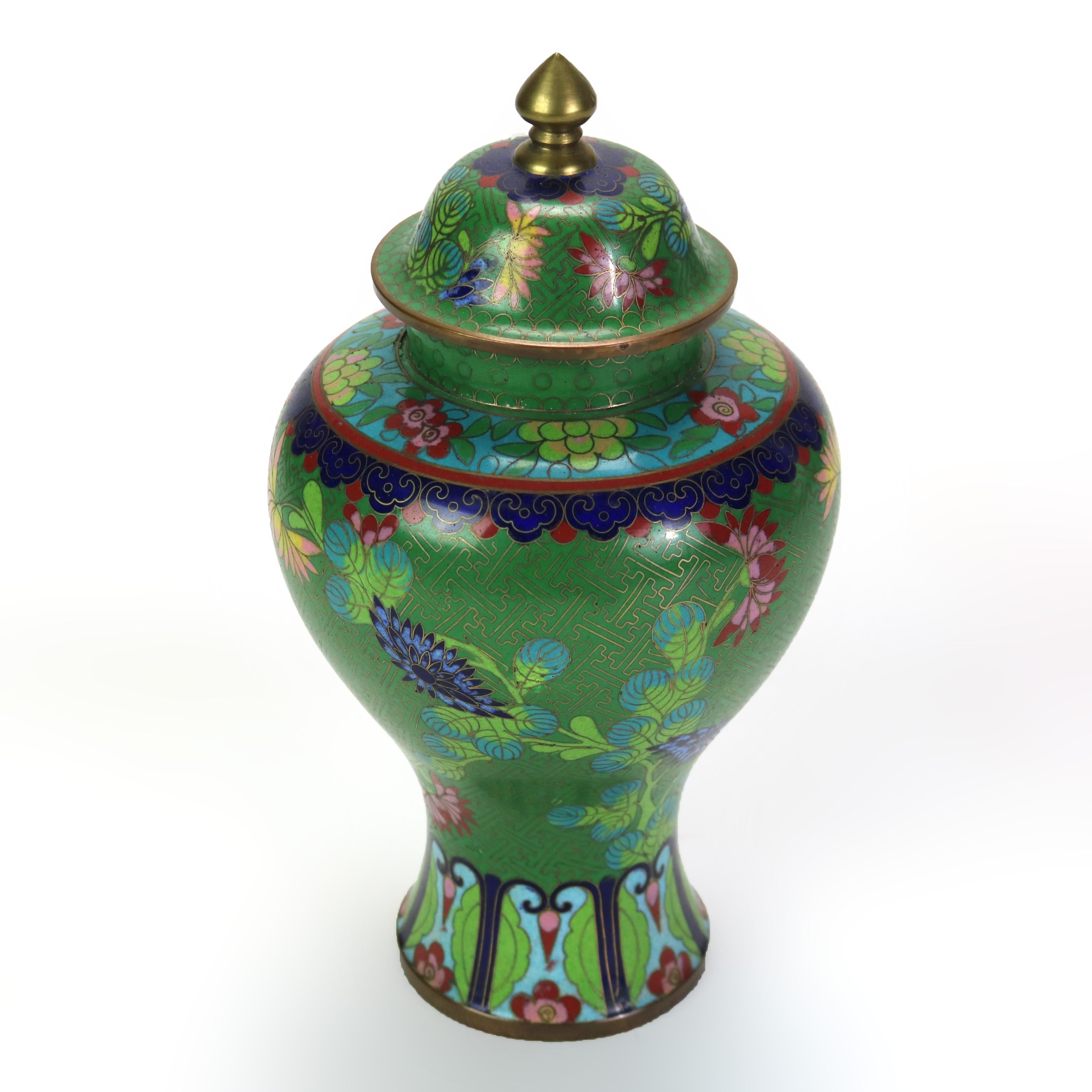 Antique Cloisonne Enameled Lidded Urn with Garden Flowers C1920.
10
