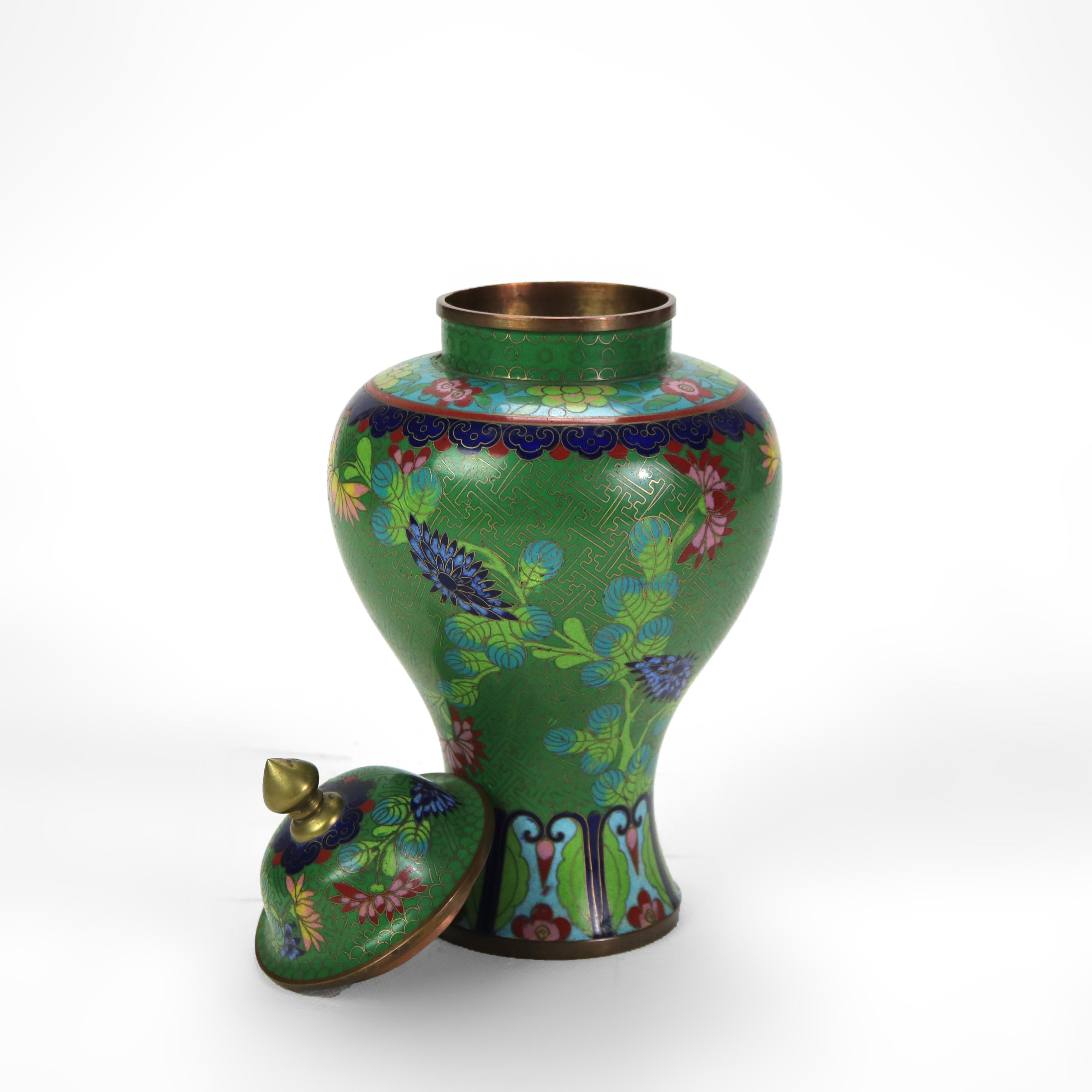 Antique Cloisonne Enameled Lidded Urn with Garden Flowers C1920 In Good Condition In Big Flats, NY