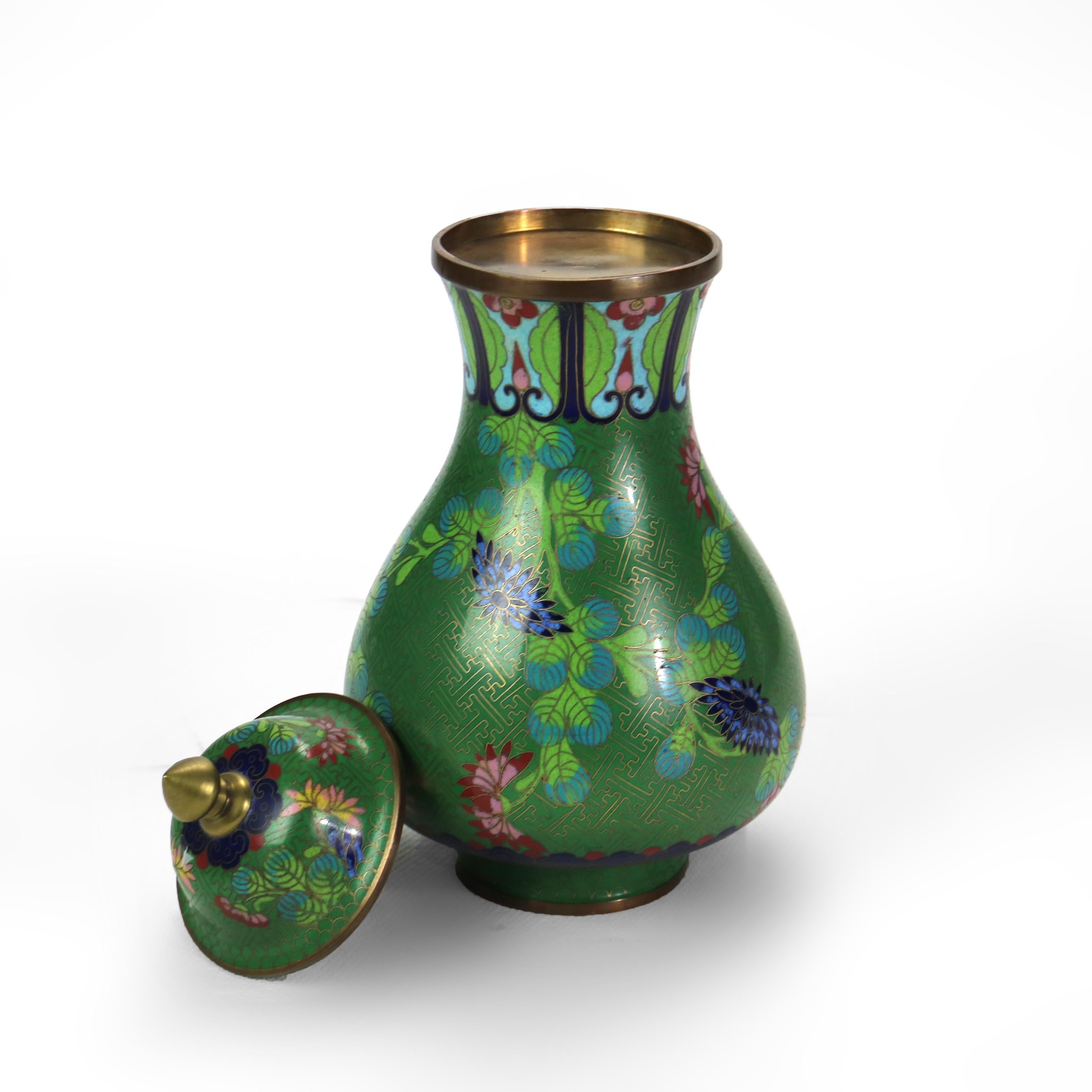Metal Antique Cloisonne Enameled Lidded Urn with Garden Flowers C1920