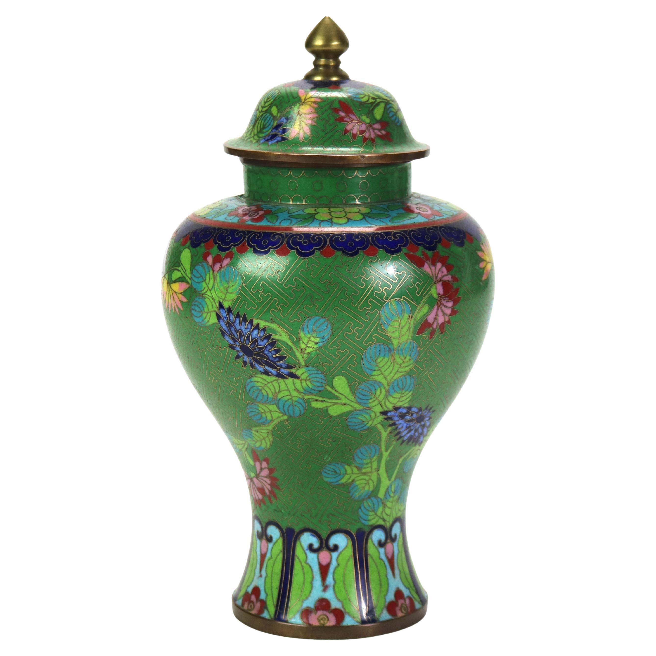 Antique Cloisonne Enameled Lidded Urn with Garden Flowers C1920