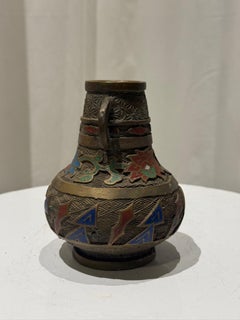 Antique Cloisonné-Inlaid Brass Bud Vase with Double Handles