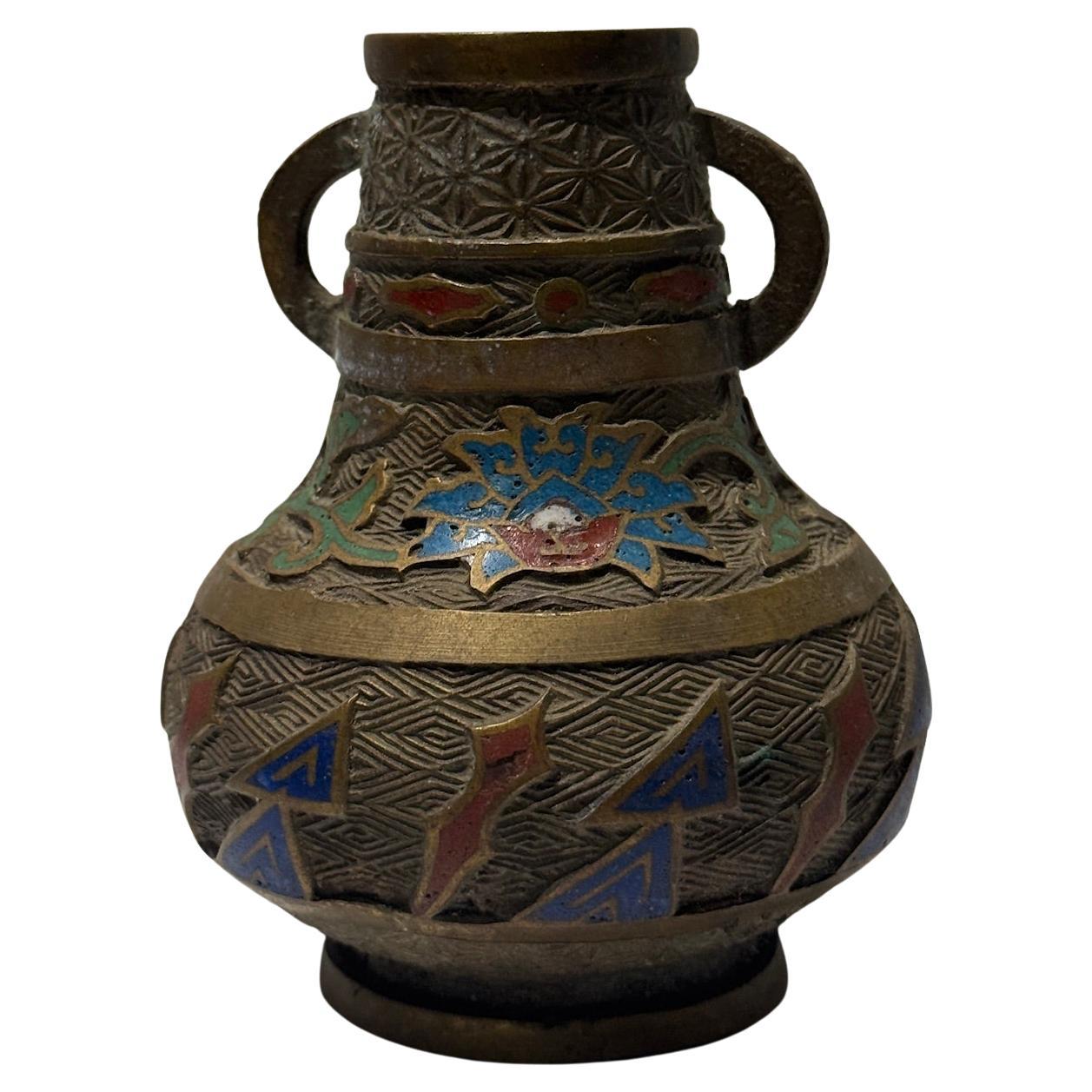 Antique Cloisonné-Inlaid Brass Bud Vase with Double Handles