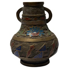 Antique Cloisonné-Inlaid Brass Bud Vase with Double Handles