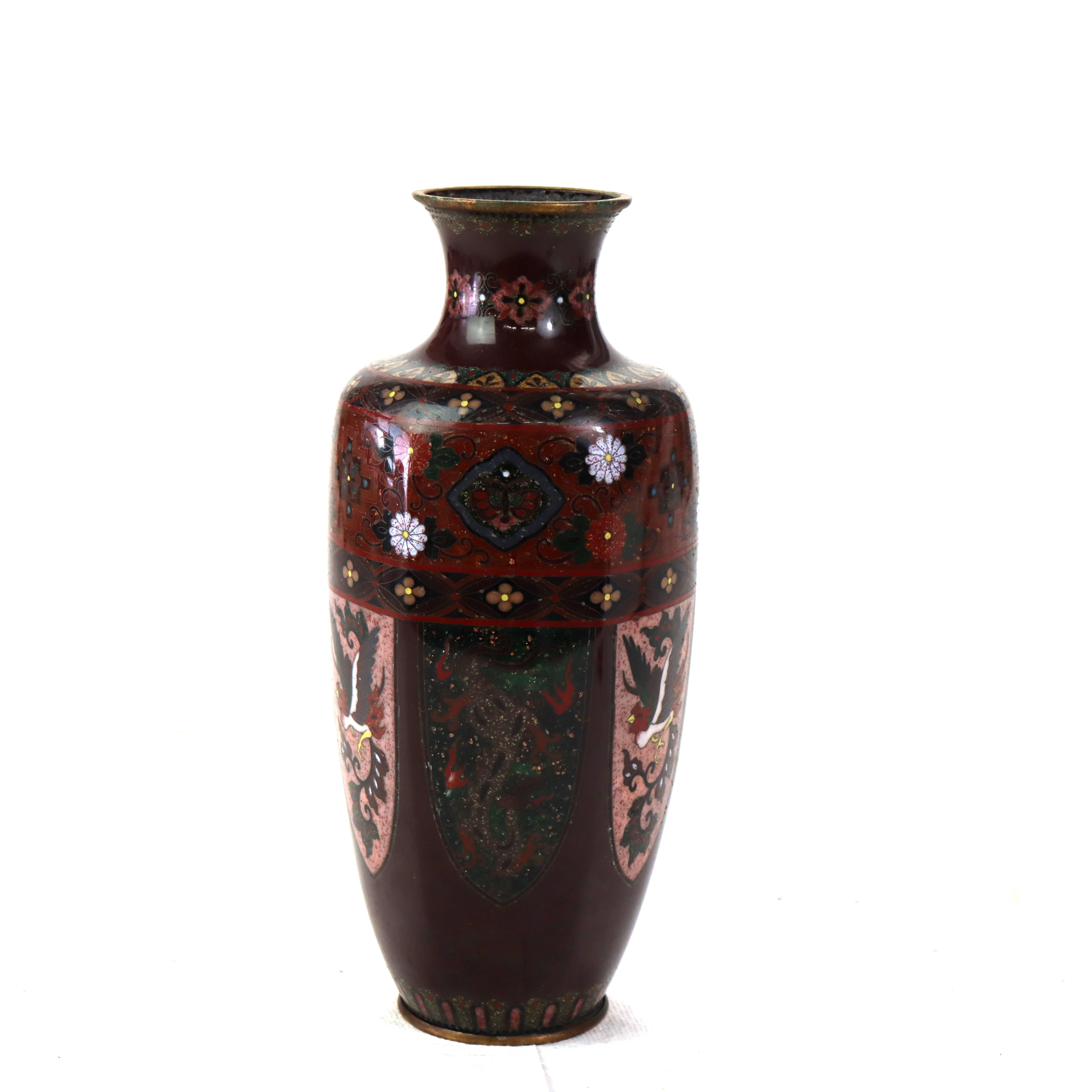 Jarrón antiguo de cloisonné con pájaro y decoración floral C1920 en venta 2