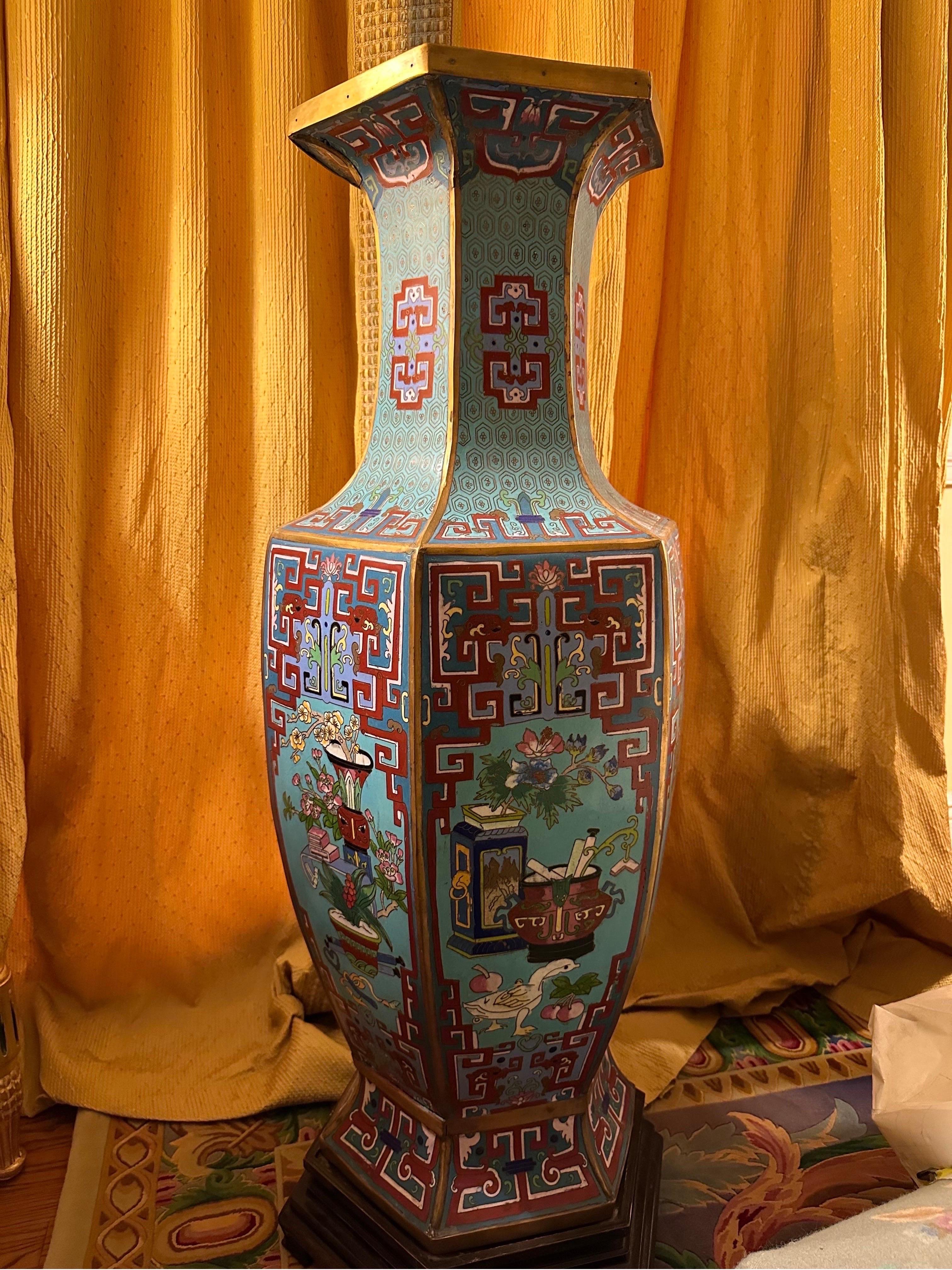 Metallic Thread Antique Cloissone Asian Chinese Floor Vase 39” inches tall 
 For Sale