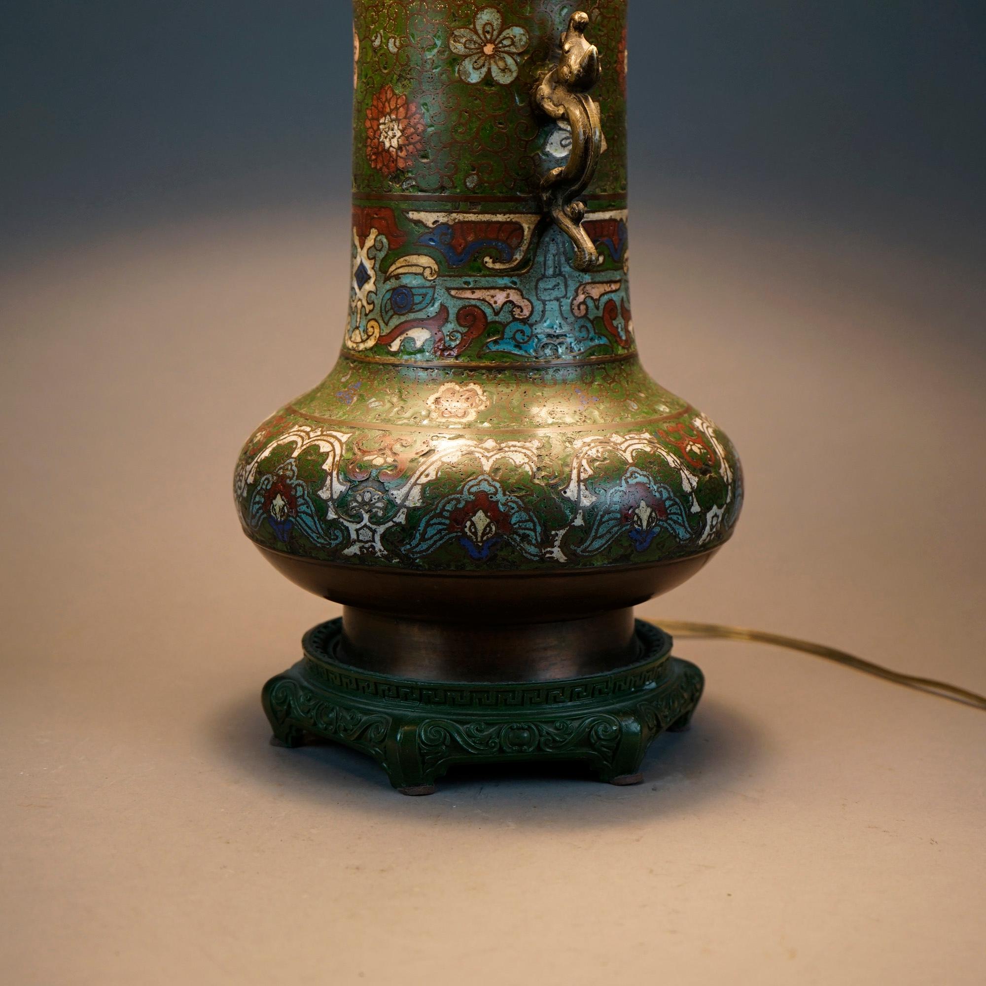 Antique Cloissone Enameled Figural Garden Scene Table Lamp Circa 1920 For Sale 5